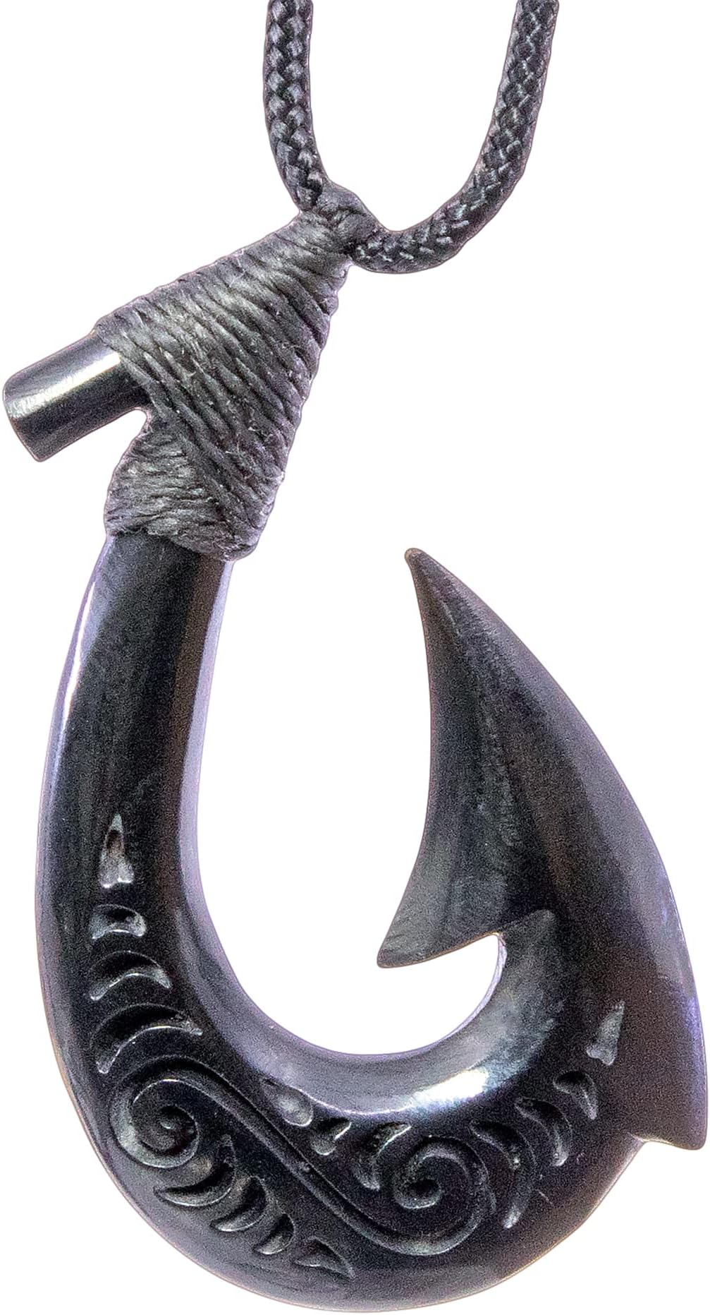 Stylized Maori Hawaiian Black Horn Fish Hook Necklace with Scrimshaw - Small