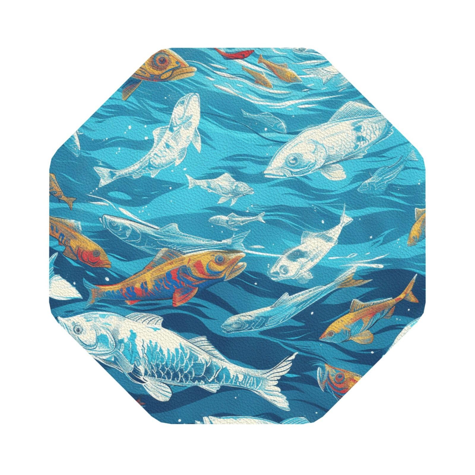Fishes Print Leather Coaster Set of 6, Octagon Coasters Table Decorative Coffee Cup Beverage Coasters Wine Beer Bar Coasters for Hot Drinks Table Protection