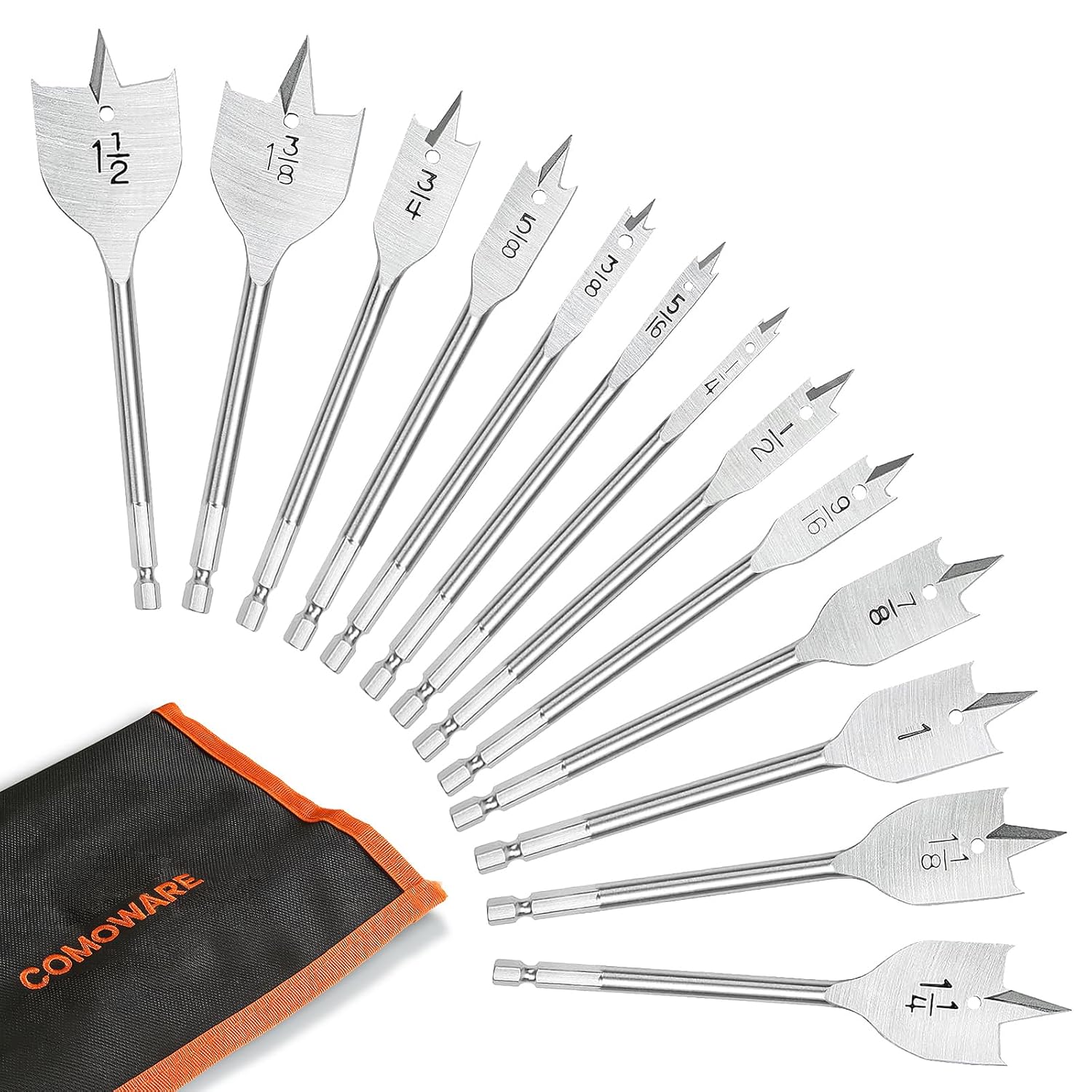 COMOWARE Spade Drill Bit Set- Paddle Flat Bits, Hole Cutter, Titanium Coating, Carbon Steel, Woodworking, 6-Pieces, 3/8"-1"