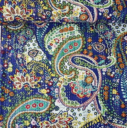REGMESS Handmade Bedspread Kantha Quilt King Size Bohemian Bedspread Kantha Quilt Single (90 X 108 Inches (Queen Size), Blue)-picture-24