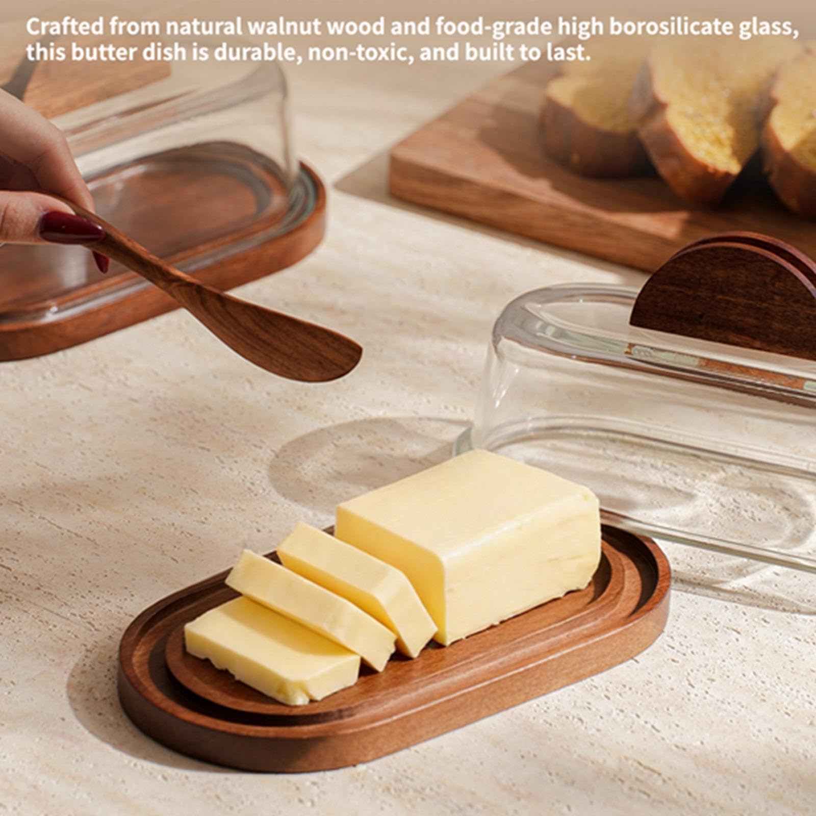 Butter Dish Vassoio Porta Burro Rettangolare con Coperchio Vetro E Base Legno Organizzatore Cucina per Conservare Formaggio E Dolci Scatola per