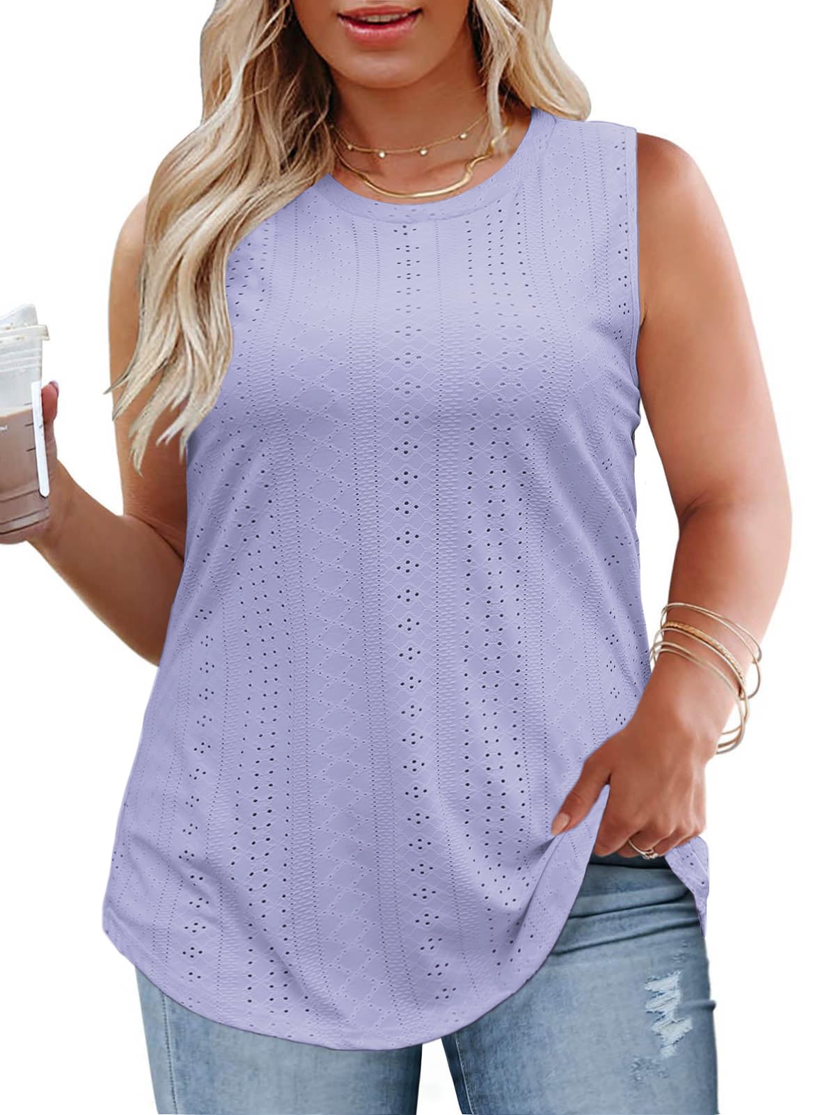 VISLILY Womens-Plus-Size-Tank-Tops Summer Sleeveless Eyelet Shirts Round Neck Tunics Flowy Classic Tees