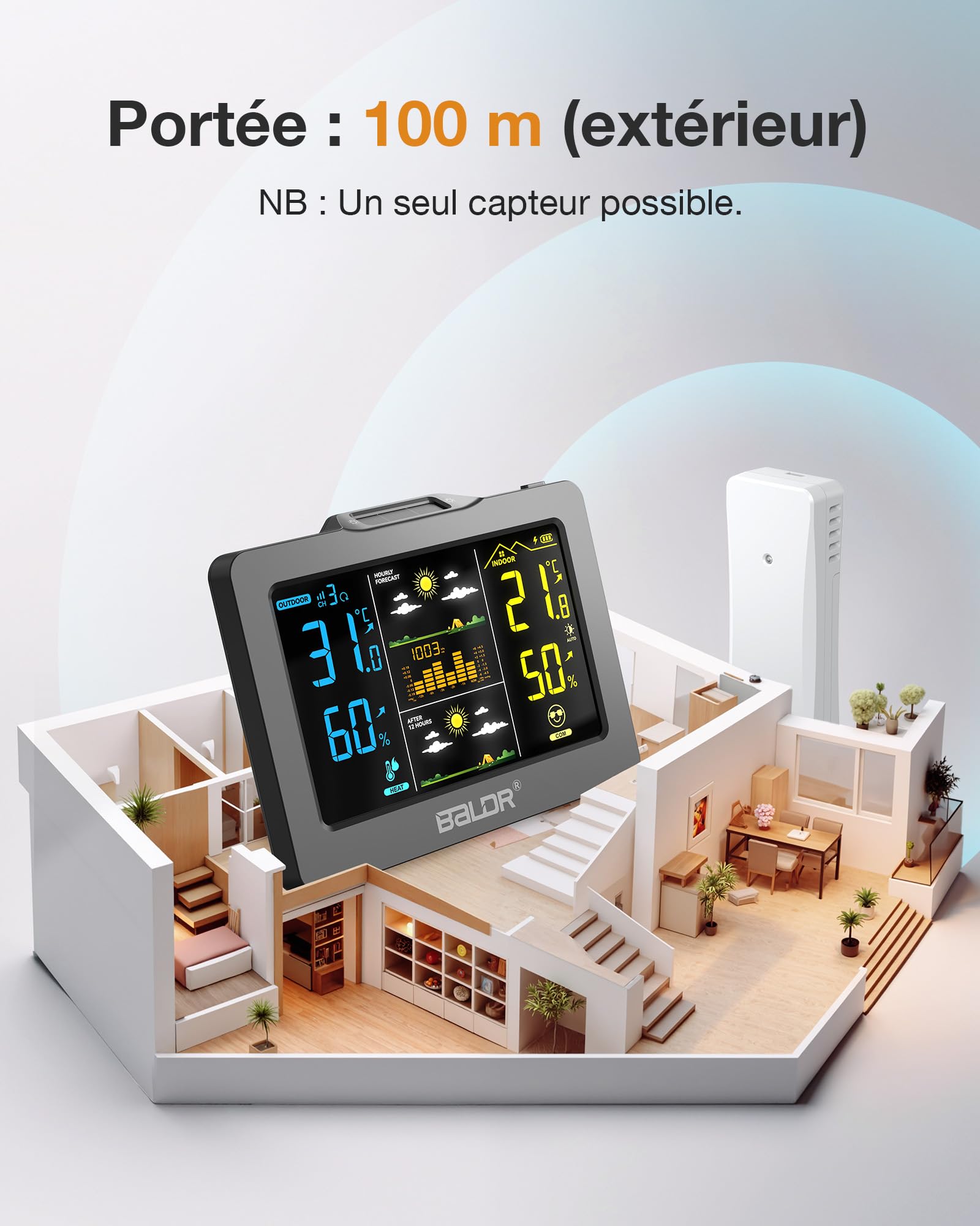 Station Météo BALDR Sans Fil avec Capteur Extérieur, Affichage Numérique Couleur – Thermomètre Hygromètre Intérieur/Extérieur, Prévisions 1h + 12h, Batterie Rechargeable