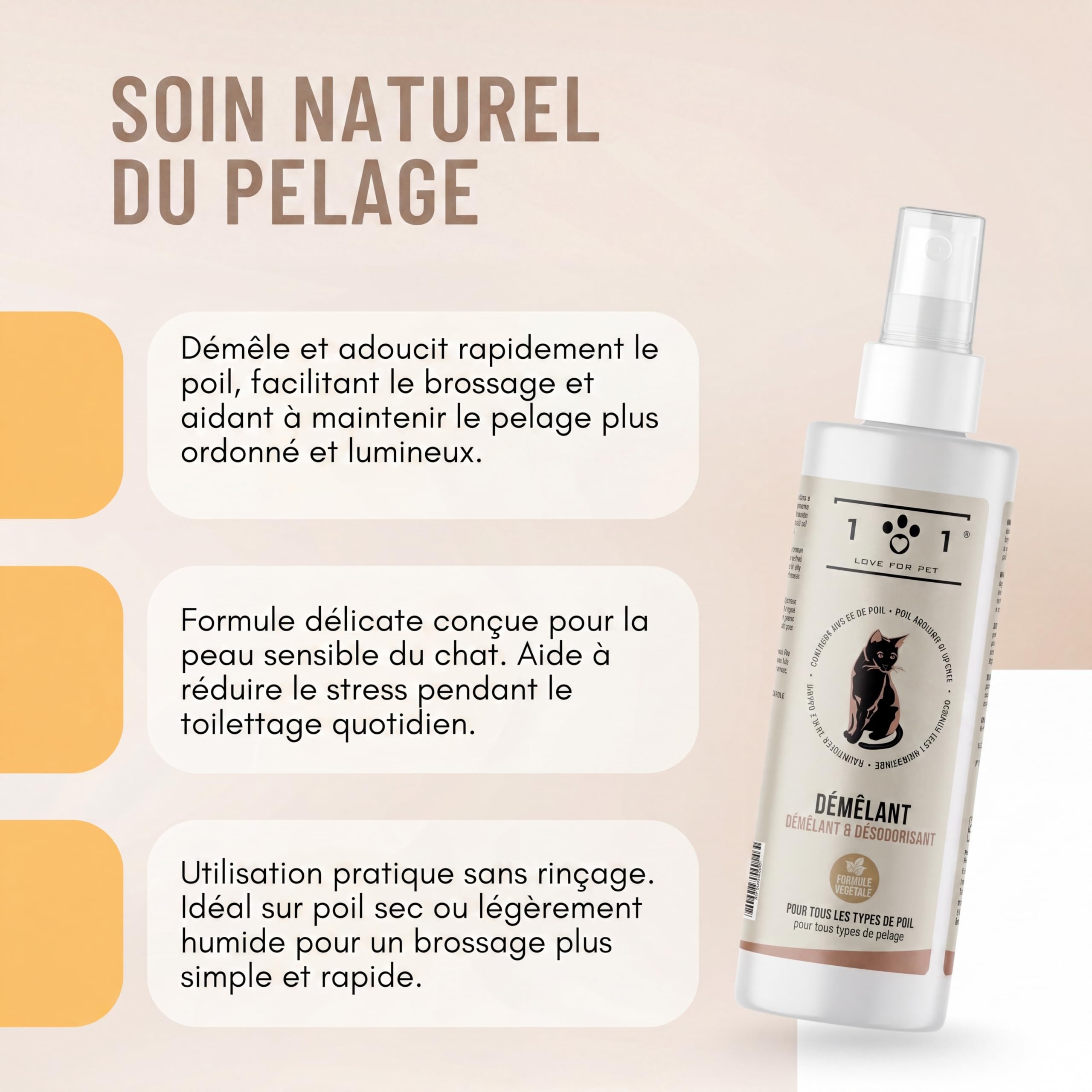 Linea 101 Spray Demelant Chat Poils Longs Naturel 250 ML Démêlant Chat Poils Longs Parfum Chats Délicat Soin Vegan pour Poil Doux et Brillant sans Rinçage Tous Types de Pelage