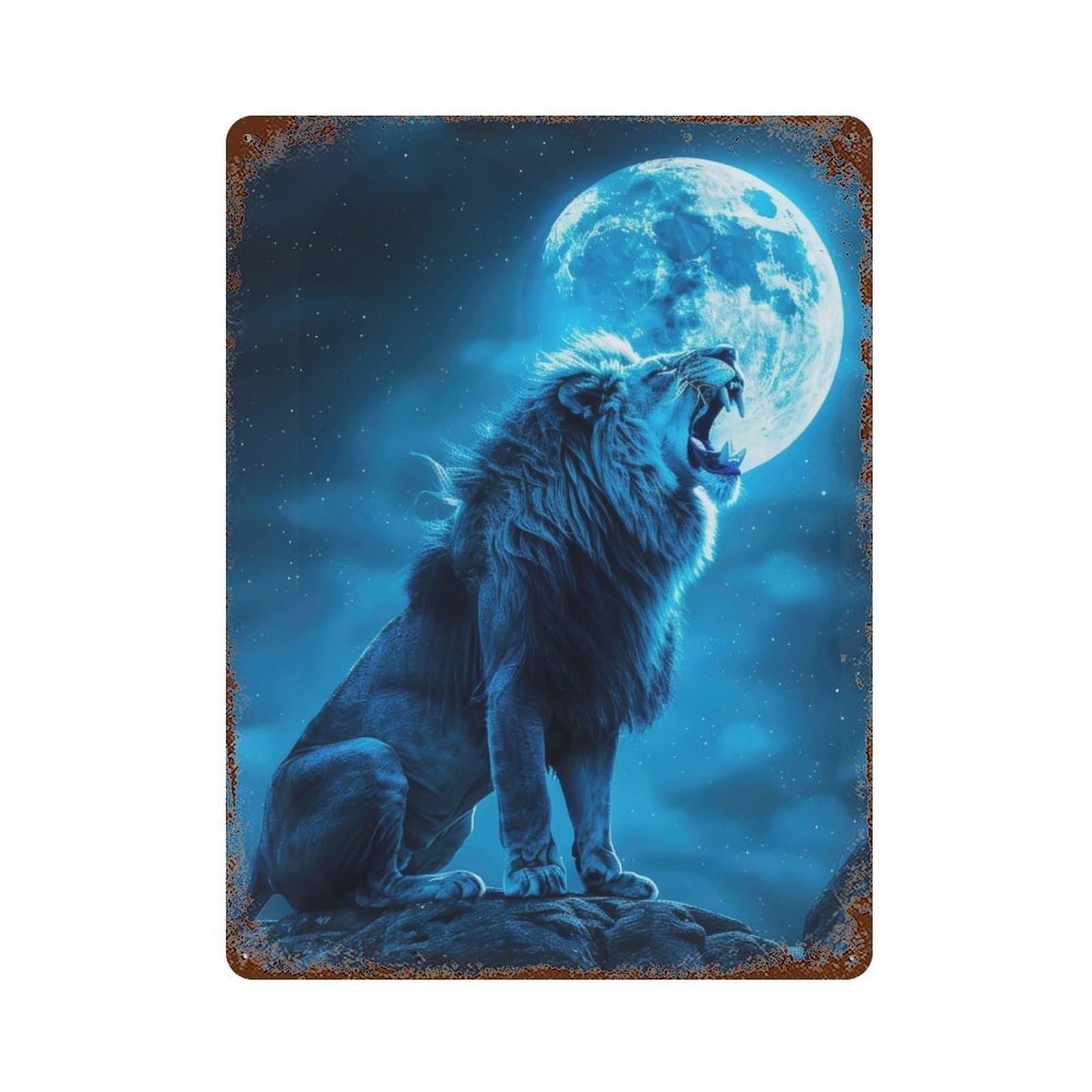 Lion Under A Full Moon Rust Effect Tin Sign 15.7"x11.8", Ideal for Cafe, Home Bar And Lounge Decor