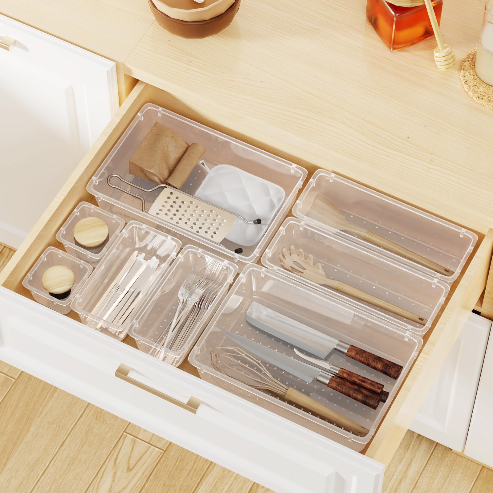 WOWBOX Set di 24 organizer per cassetti in plastica trasparente, 4 misure, per organizzare e riporre trucchi, cosmetici, gioielli e gadget in cucina, bagno, camera da letto, ufficio, trasparente