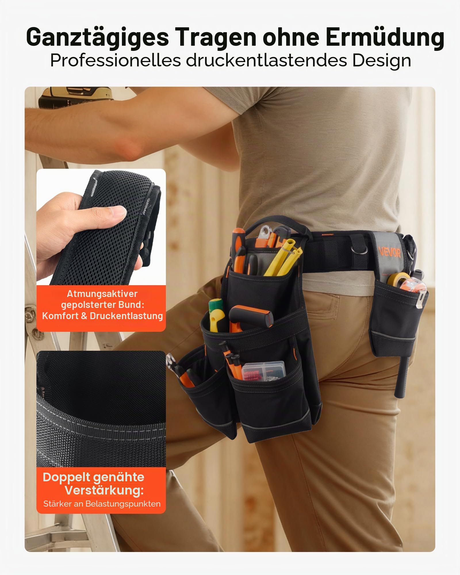 VEVOR Werkzeuggürtel, 18 Taschen, Profi-Handwerkergürtel, Hammerhalter, Werkzeughalter, Arbeitsgürtel für Elektriker, Schreiner & Bauarbeiter, Schürzenorganizer, verstellbar von 800 bis 1310 mm