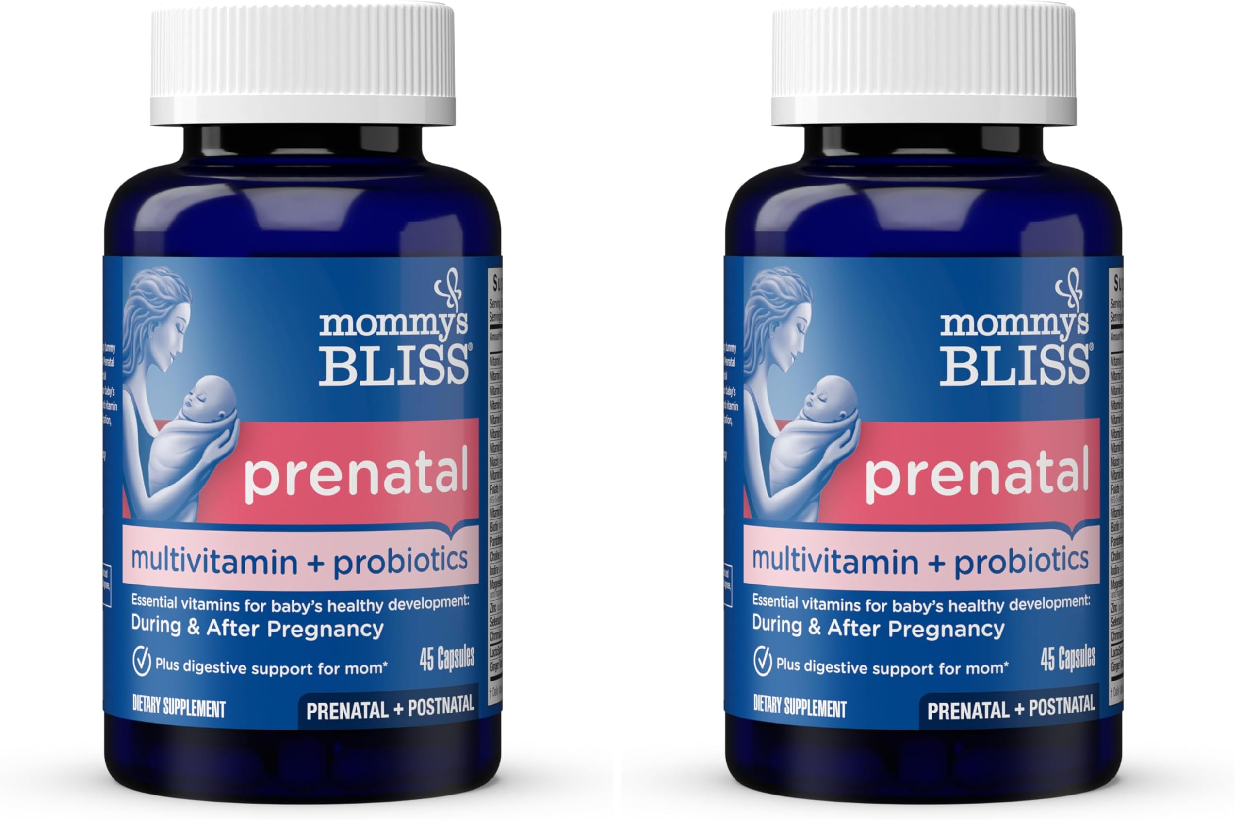 Mommy's Bliss Prenatal Multivitamin Probiotic for Women w/Folic Acid, Supports Baby Development & Digestion w/Zinc, Vitamin B6 & B12, Ginger & Choline, Vegan & Gluten Free (45 Servings) (Pack of 2) 45 Count (Pack of 2) Prenatal Multivitamin + Probiotics Capsules