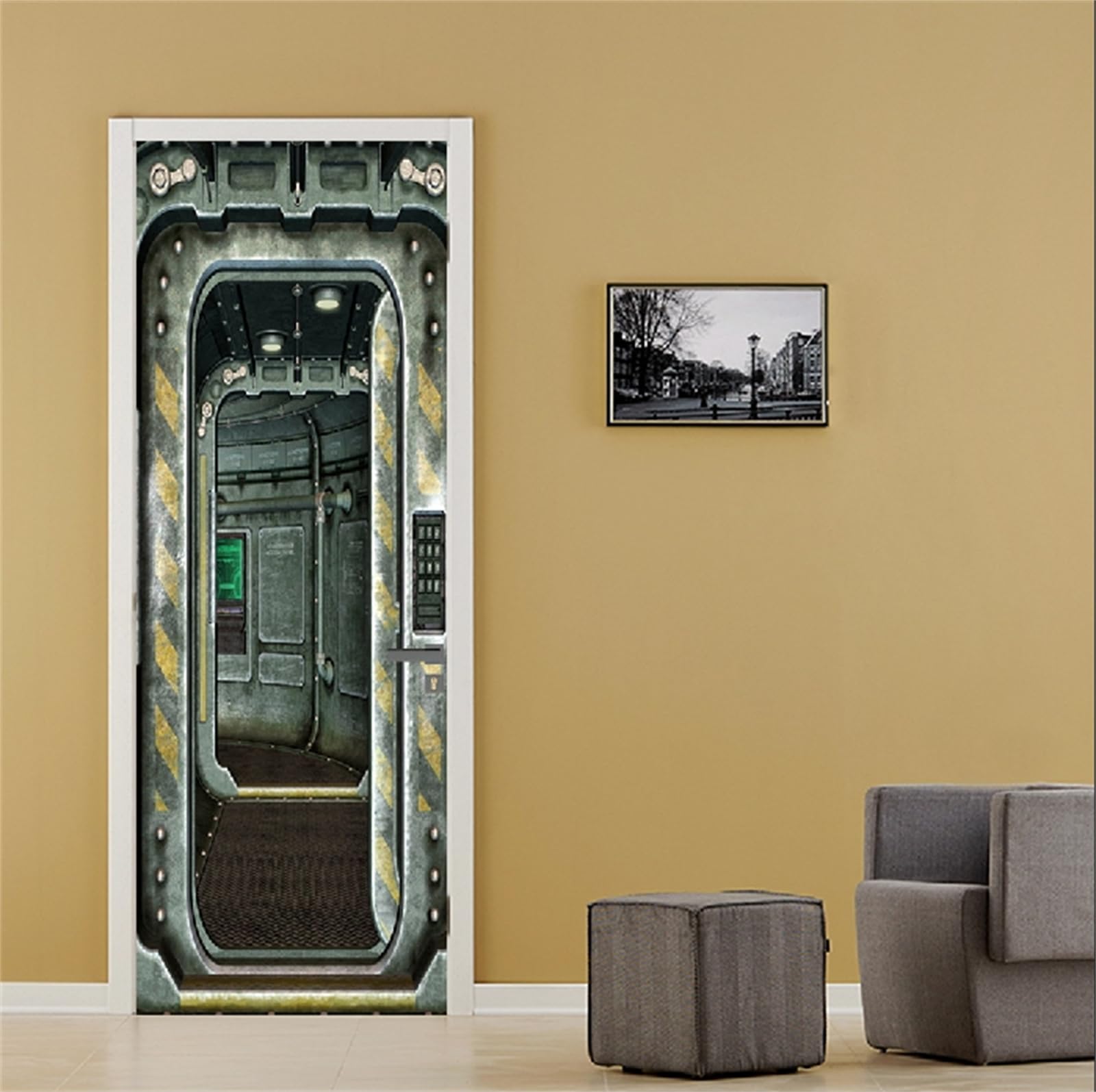 Sticker Porte Effet 3D Espace - 77 X 200 Cm - PVC Imperméable - Décoration Murale Facile à Coller