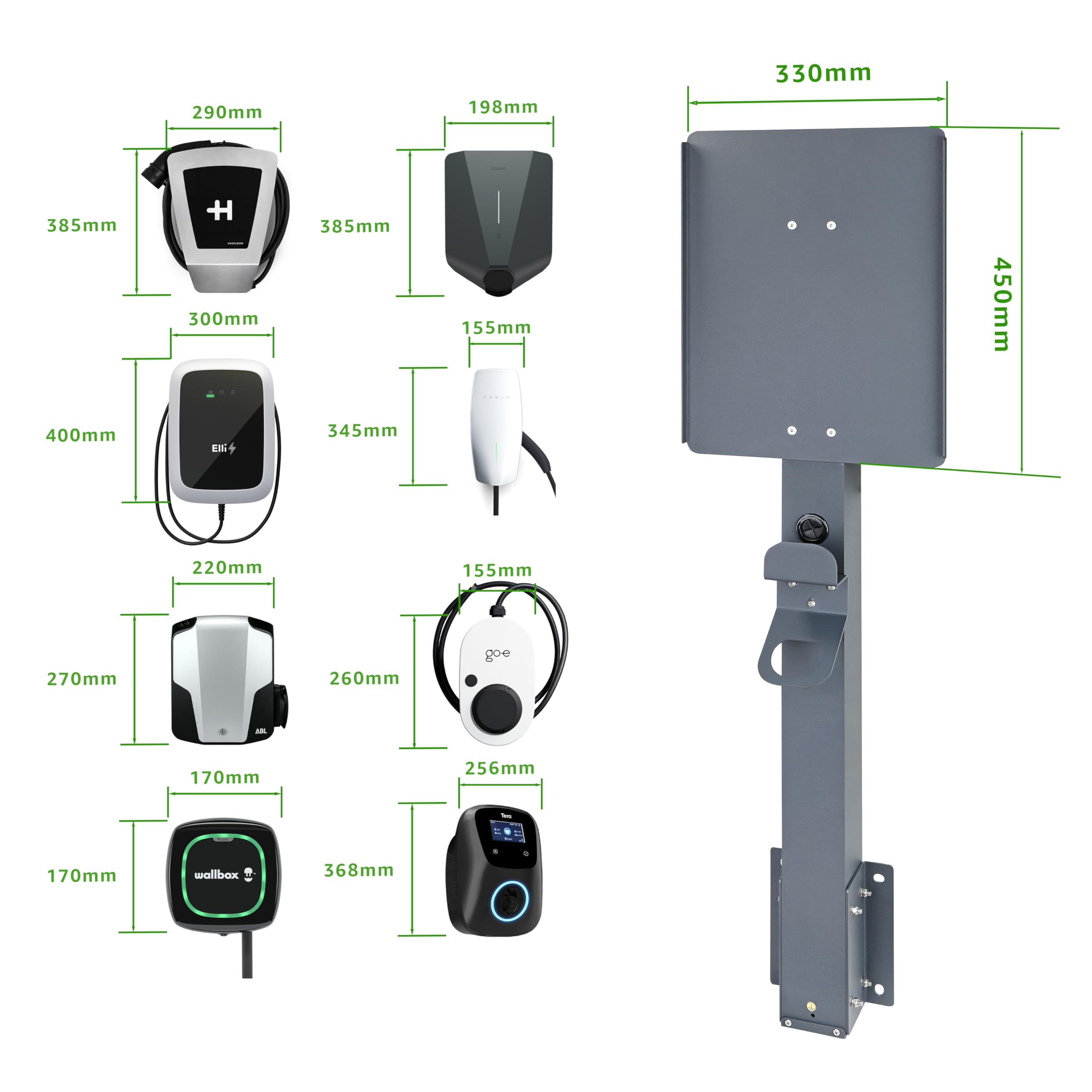 Supporto universale per wallbox in alluminio con fissaggio laterale per muro di sostegno. Colonna per wallbox per veicoli elettrici (colonnina di ricarica)