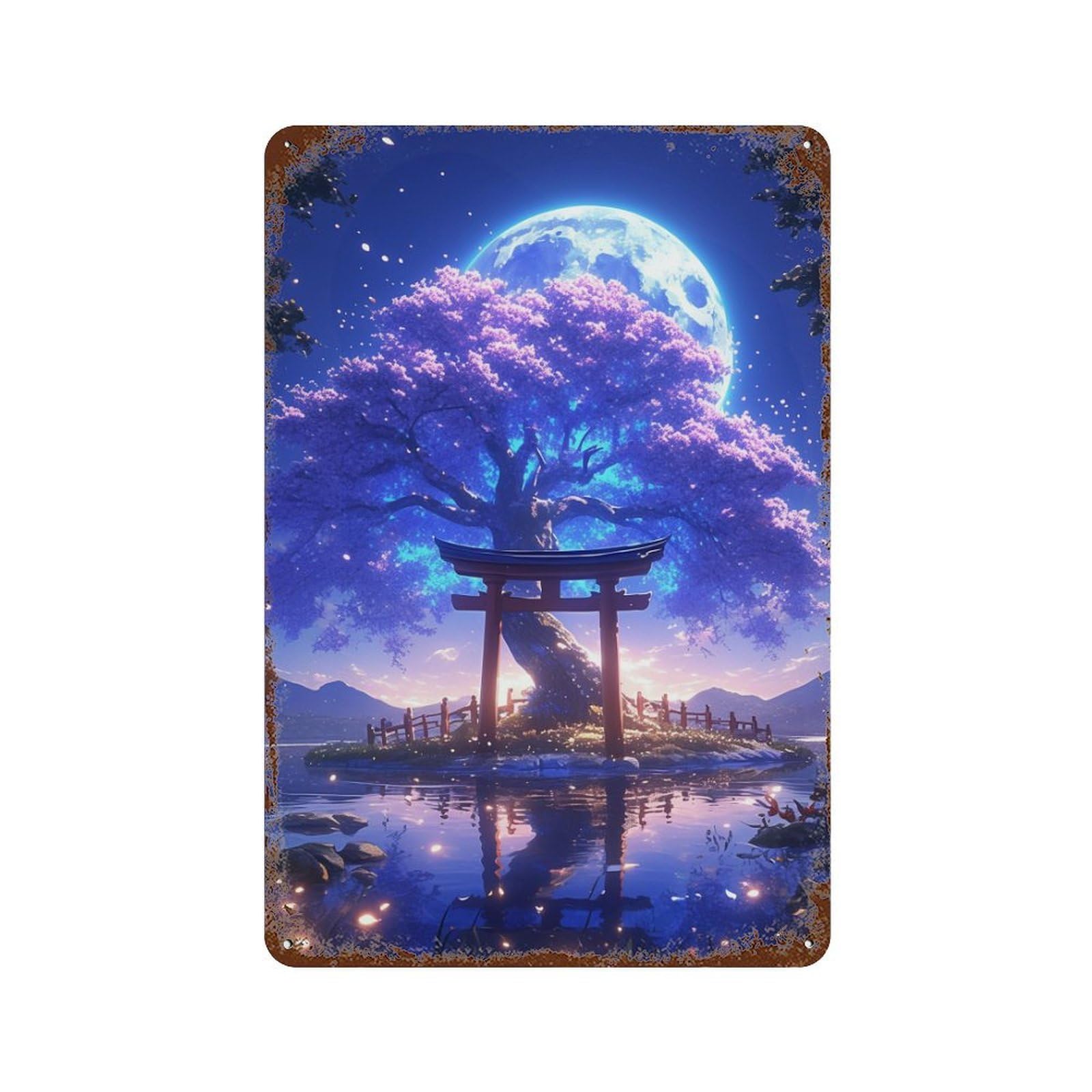 Aged Metal Wall Plaque with Cherry Blossom Moonlit Gateway Design 11.8"x7.9", for Farmhouse, Kitchen And Entryway Decor, Old School Wall Decor
