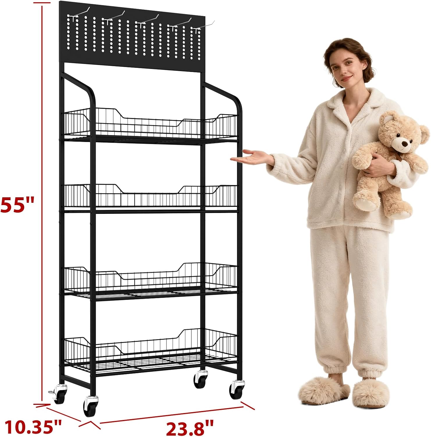 4 Tier Retail Display Rack with Wheels, Snack Organizer Stand, Candy Potato Chip Metal Retail Display Shelf with 12 Hooks for Supermarket and Home KitchenStore Organize, Black (4T 55H*23.8W*10.35D)