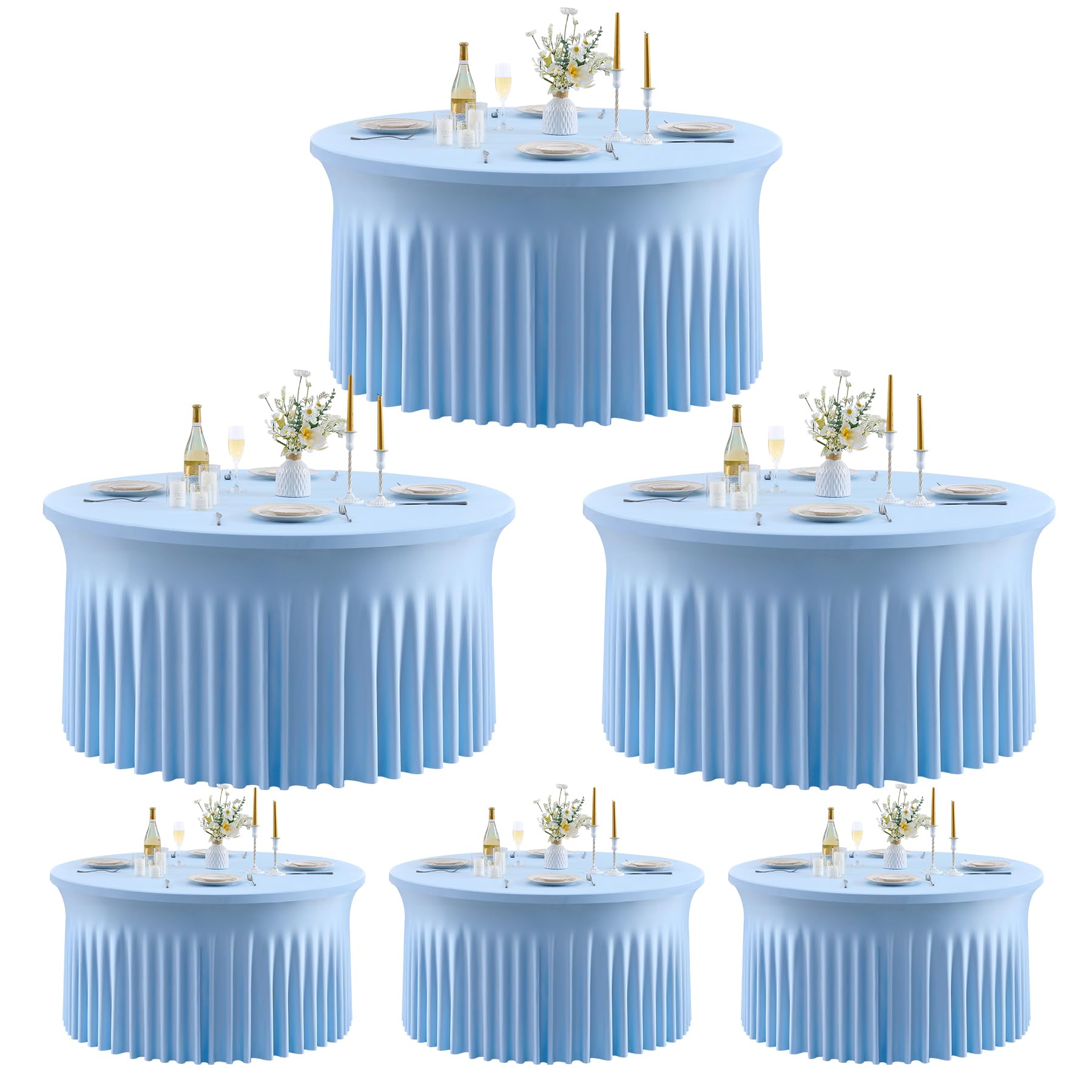 Outpain 6 Pack Baby Blue Spandex Round Table Cloth for 72 in Tables, Stretchy Fitted 6FT Tablecloths for Wedding Party, Wrinkle Free 132Inch Table Cloths for Outdoor Indoor Parties