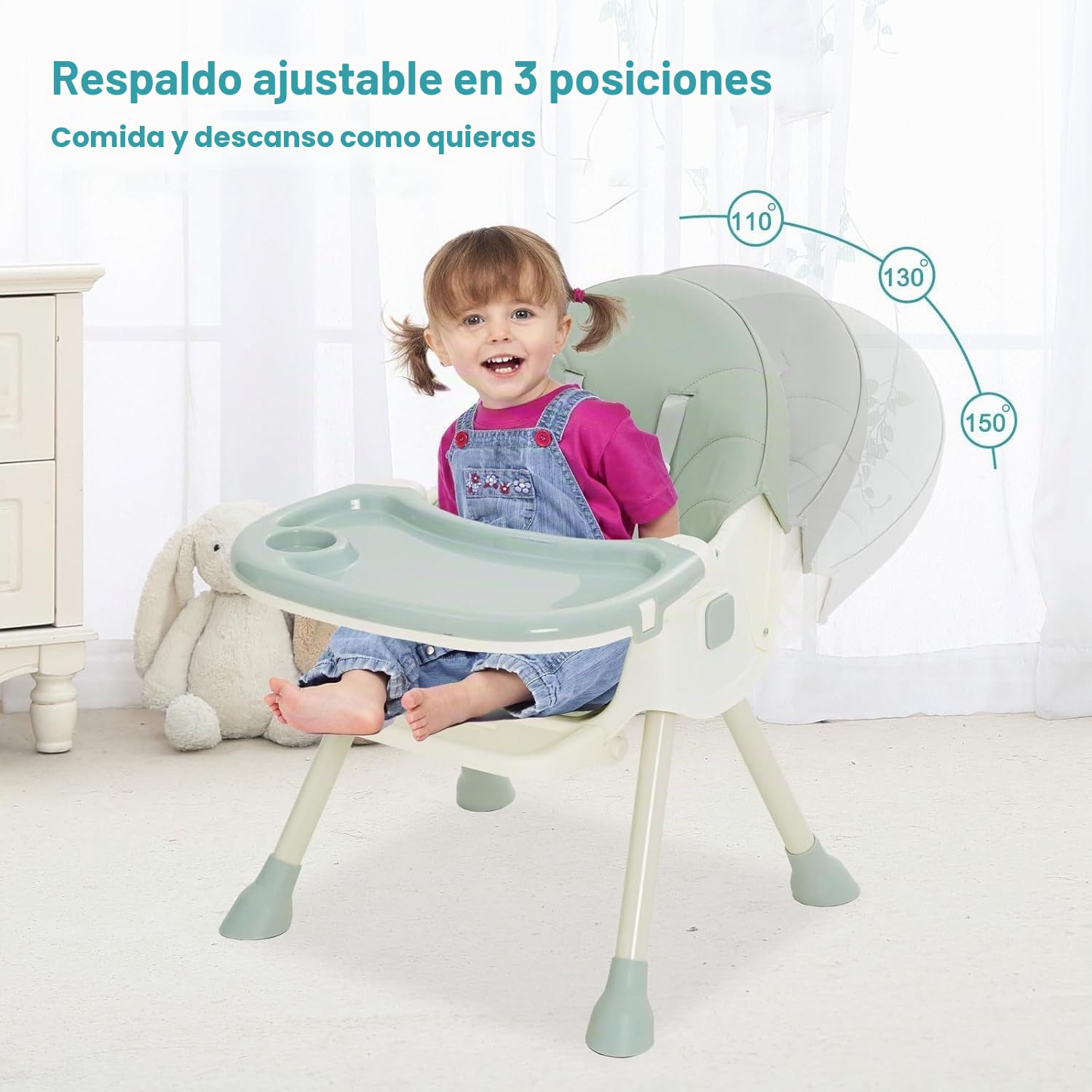 Trona Bebé Evolutiva 3 en 1,Plegable,Reclinable,Doble Bandeja Desmontable,con Ruedas Universales,3 Respaldos Ajustables y Cinturón de Seguridad de 5 Puntos,Para Bebés a partir de 6 Meses,Verde