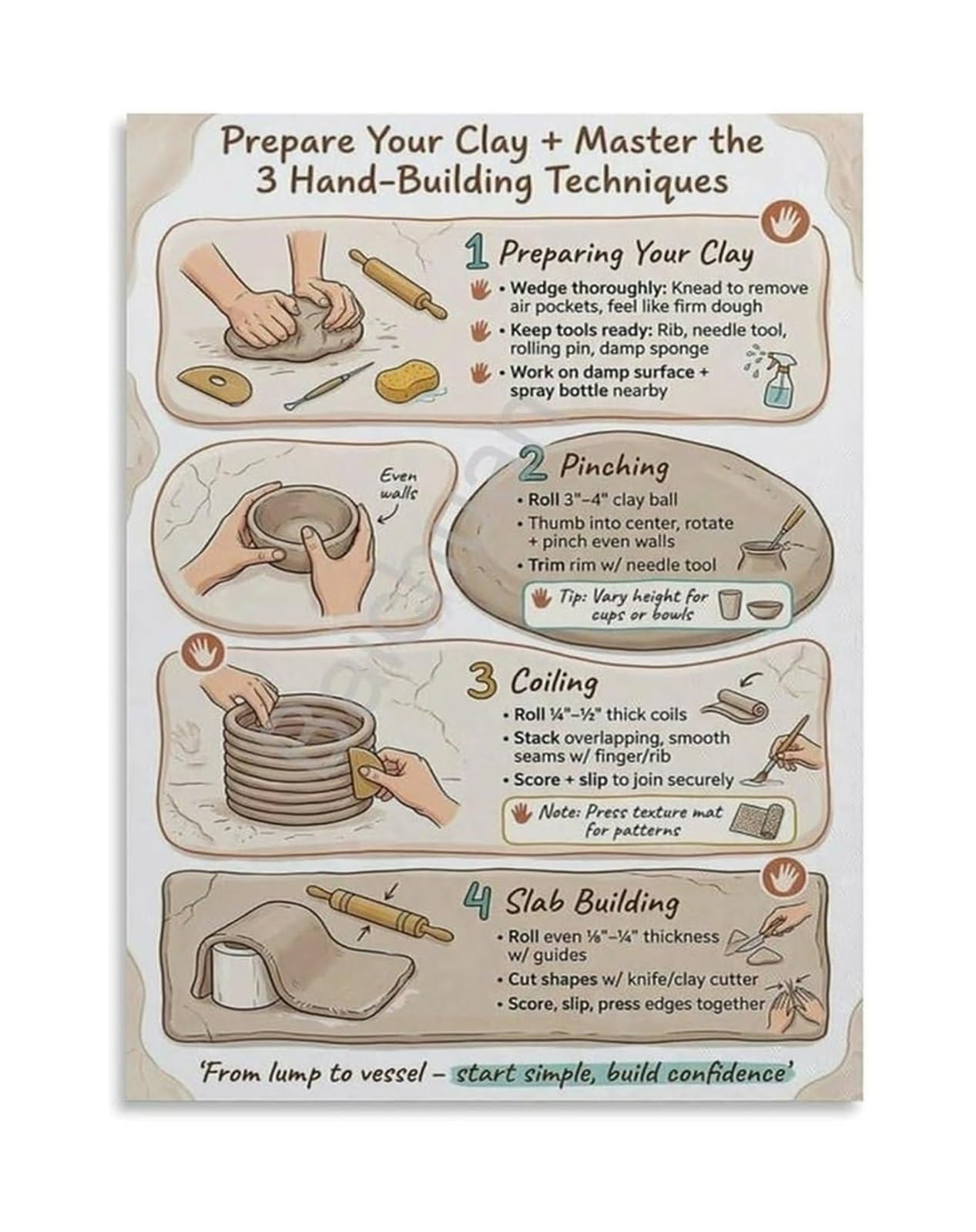 EKFBQBGW Clay Pottery Process Instructional Poster Stages from Wedging Throwing to Bisque Glaze Firing Educational Chart for Classroom Home Wall-Art(Unframed,16x24inch(40x60cm))