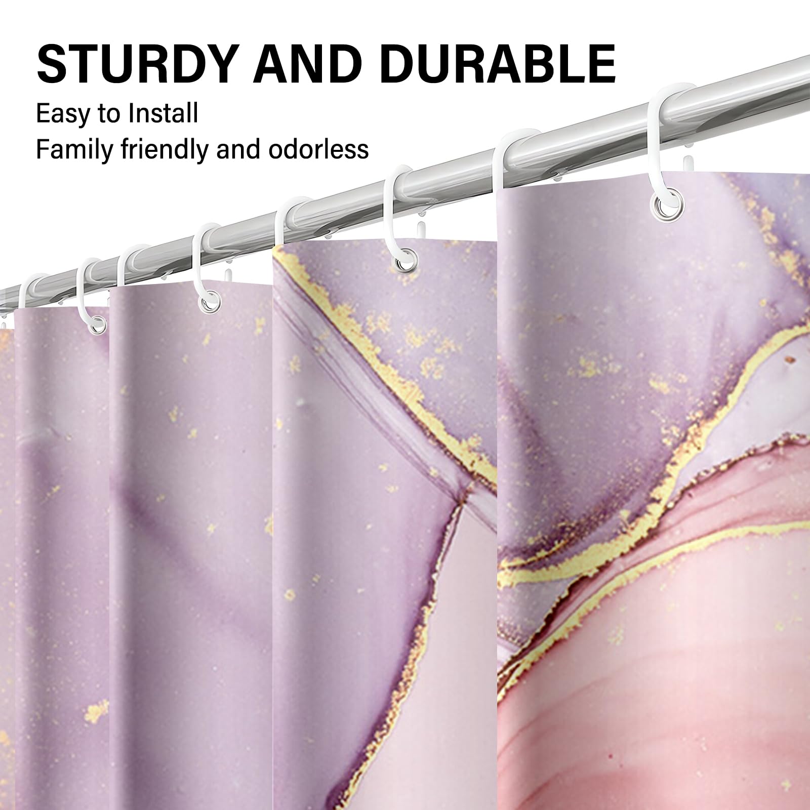 KAIRA Elegante cortina de ducha con diseño de mármol rosa con ganchos, 72 pulgadas de ancho x 72 pulgadas de largo, tela de poliéster impermeable y duradera, fácil de limpiar, decoración de baño de