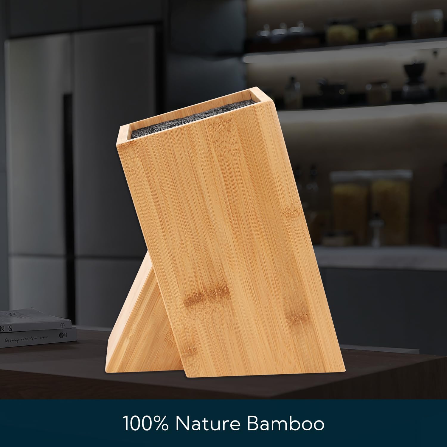 Bamboo Universal Knife Block with Bristles Bamboo Knife Stand Organizer Holder, Convenient Safe Storage for Knives & Utensils, Detachable Bristles for Easy Cleaning -by KITCHENDAO