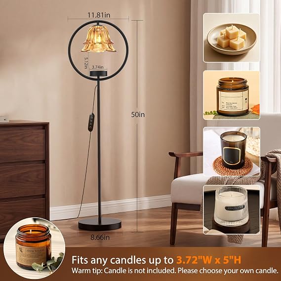 Candle Warmer Lamp with Timer & Dimmer, Black Candle Warmer Light for Jar Candles, Birthday Gifts for Women Mom Her, 50W Candle Floor Lamp for Wax Melt Warmer Modern Room Decor Light for Home(2 Bulbs)