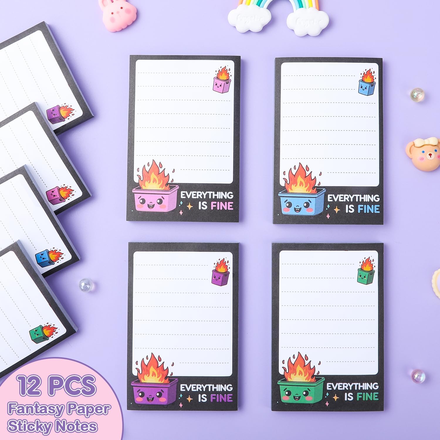 Dumpster On Fire Desk Accessories,12 Pads Pop up Cute Sticky Notes 3.54 x 2.36 Inch,It's Fine I'm Fine Everything is Fine,Memo Notes Funny Office Gifts for Women Men Coworkers - Image 2