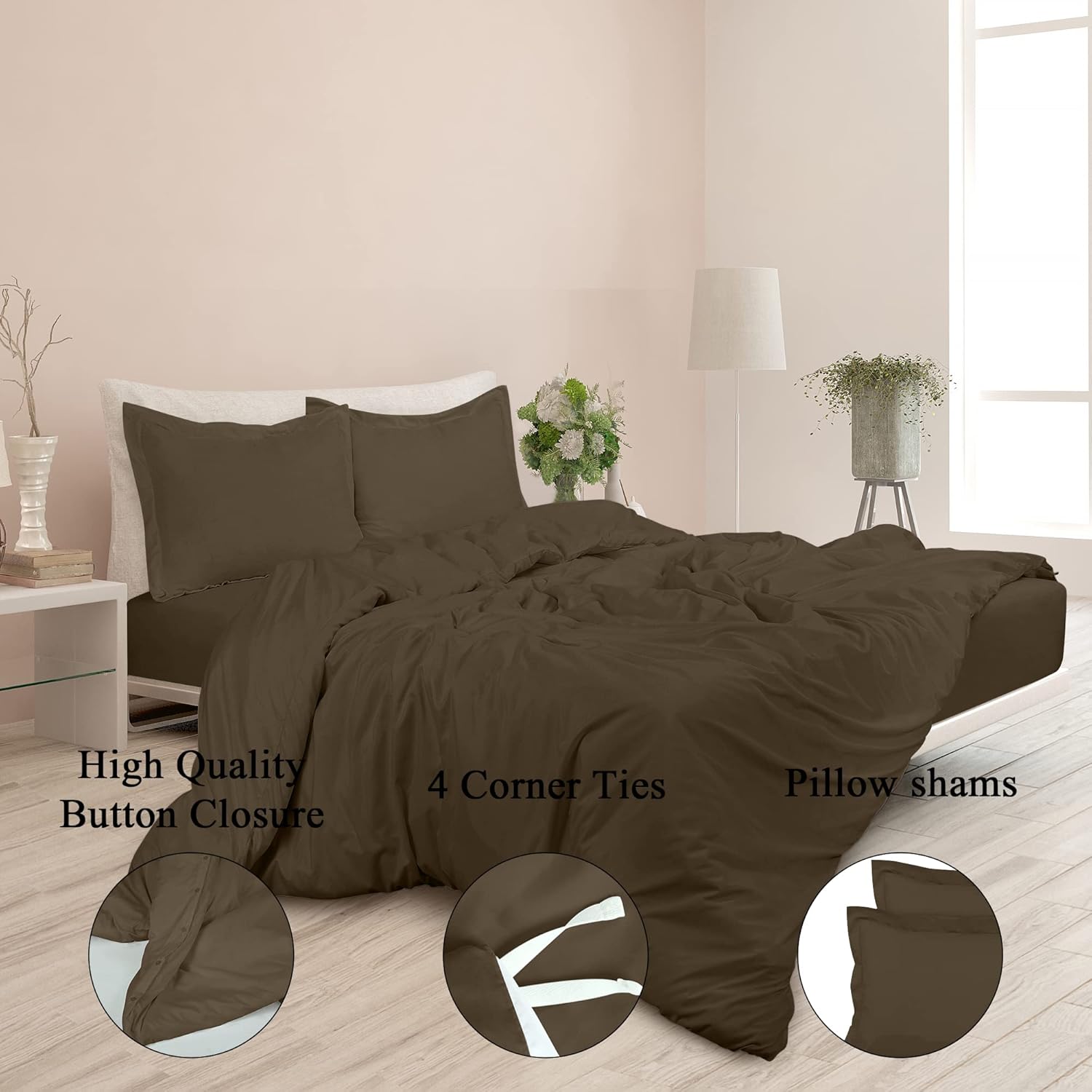 Royale Linens Chocolate Duvet Cover King Size - 3 Piece Bedding Comforter Covers - Button Closure - 1 King Duvet Covers 104x90 inches and 2 Pillow Shams - No Comforter Included