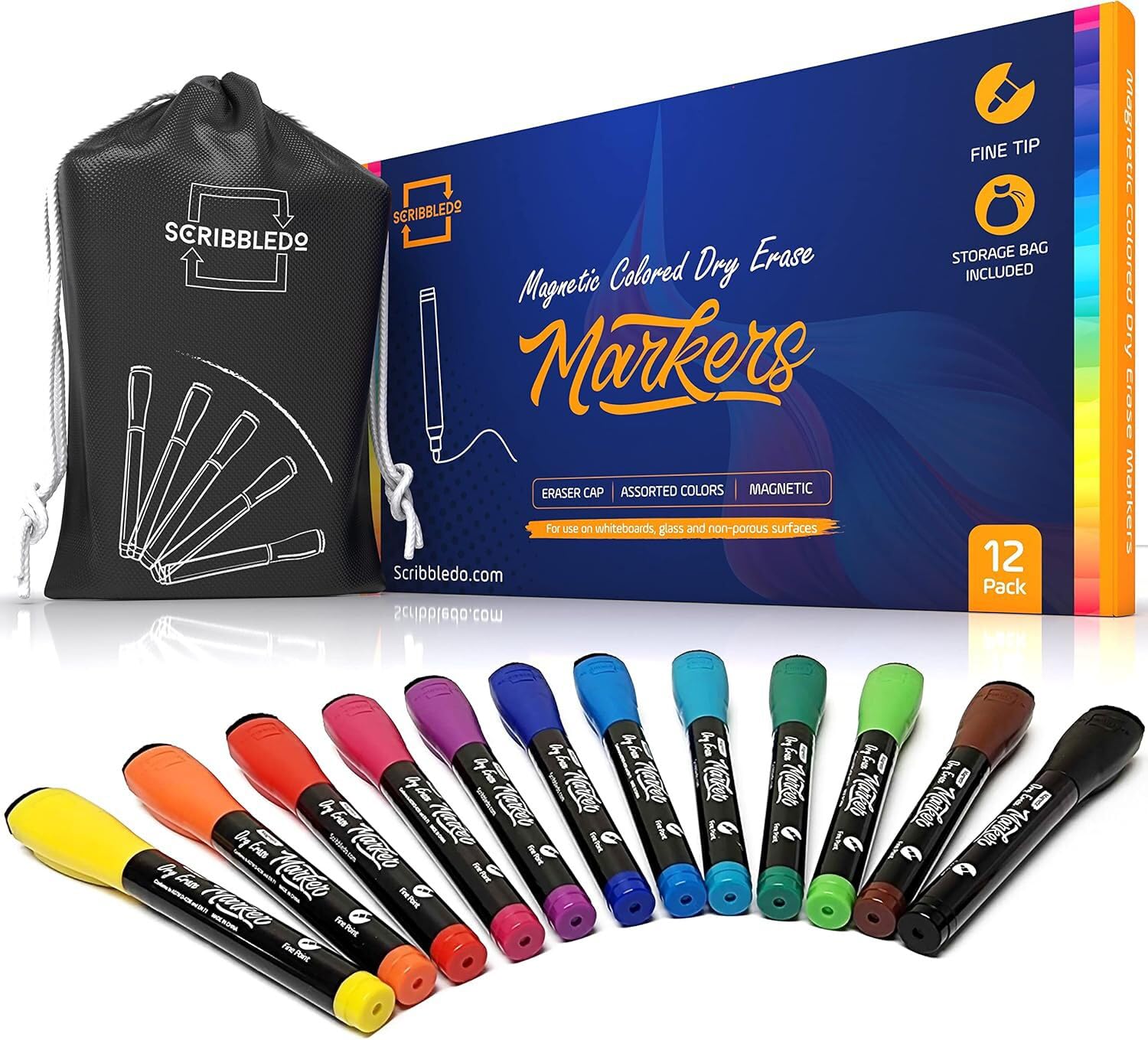 Scribbledo Magnetische, trocken abwischbare Marker, feine Spitze, verschiedene Farben, geruchsarm, mit Radierkappe, dünne Whiteboard-Marker für Erwachsene, Studenten, Lehrer, Kinder (12 Stück)