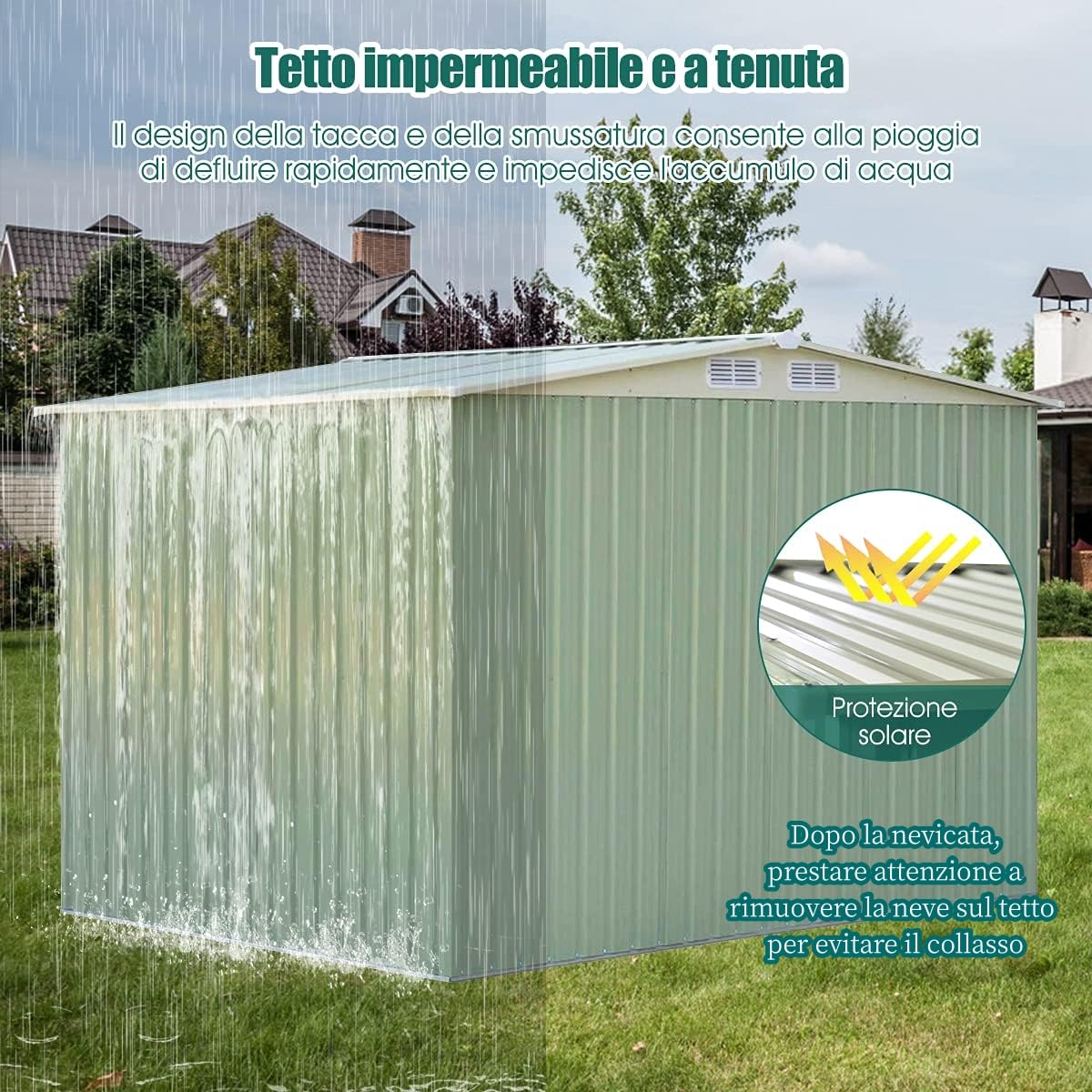 GYMAX Casetta da Giardino 4,75㎡ in Acciaio Zincat, Capanno Porta Attrezzi con 4 Feritoie, Doppie Porte Scorrevole e Rampa (4,75㎡/Verde)