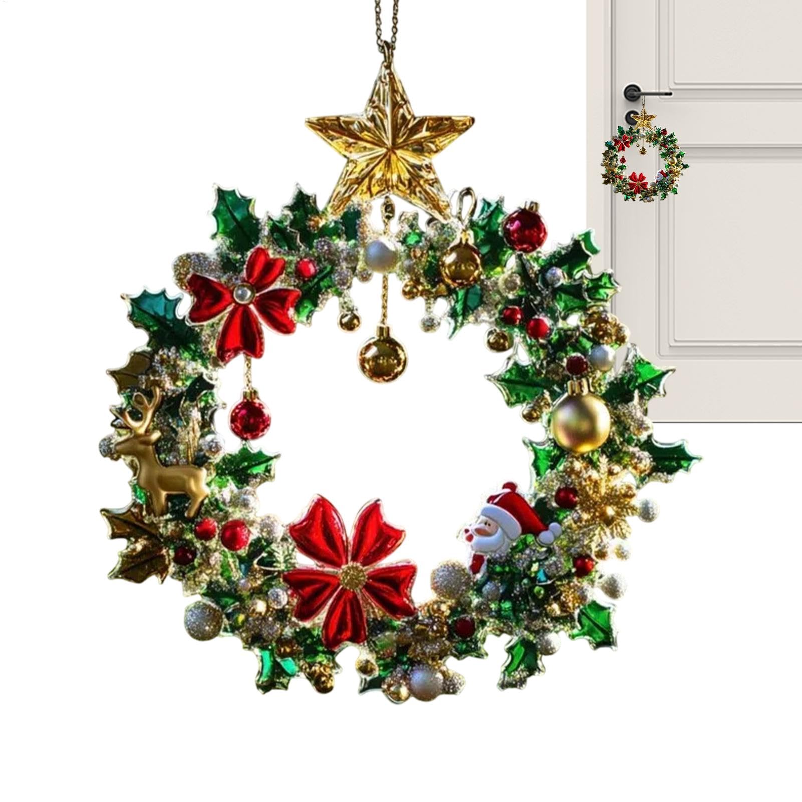 Adornos de corona de Navidad – Colgante colgante de Navidad | Adornos colgantes de Navidad de acrílico 2D | Guirnalda colgante de árbol con luz de puerta de invierno de acrílico para decoraciones de