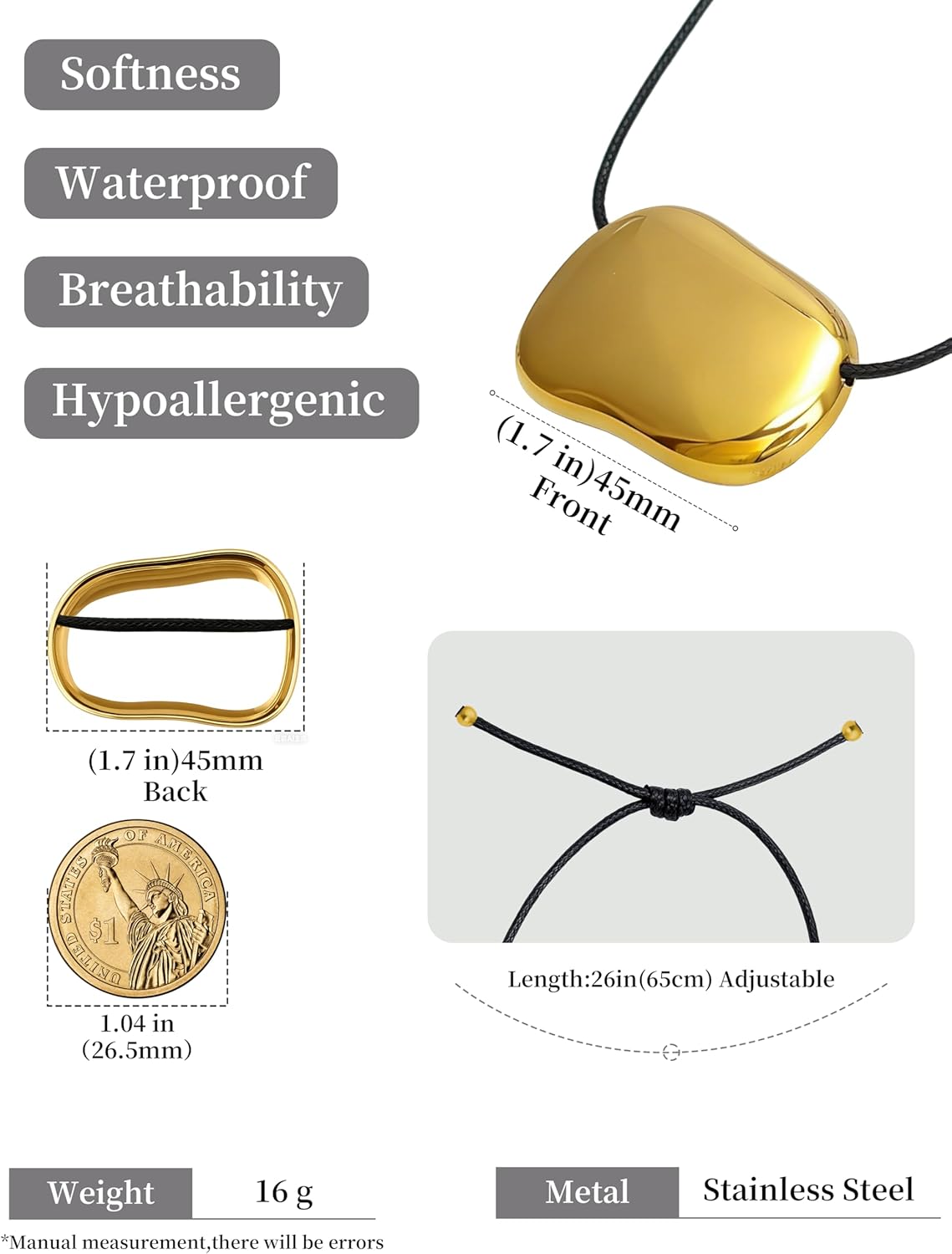 18k Gold Bean Pendant - 316L Stainless Steel Layered Necklace, Hypoallergenic Adjustable Black Cord, Trendy Statement Jewelry for Office Daily Wear Bean Necklace for Women Adjustable 26inch - Image 4