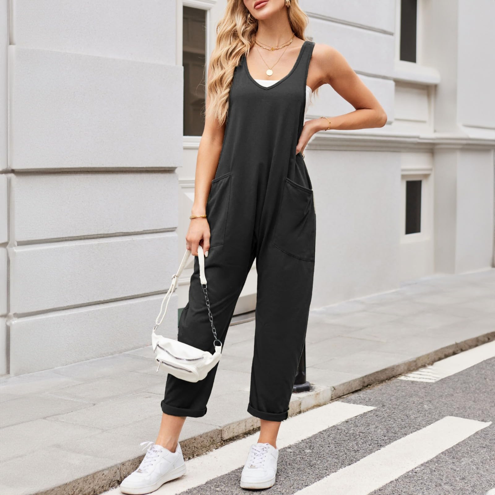 Litthing Salopette Femme Ample Combinaisons sans Manches avec Poches Lâches Salopette de Travail Femme Larges Bretelles Décontractée Combishort D'été