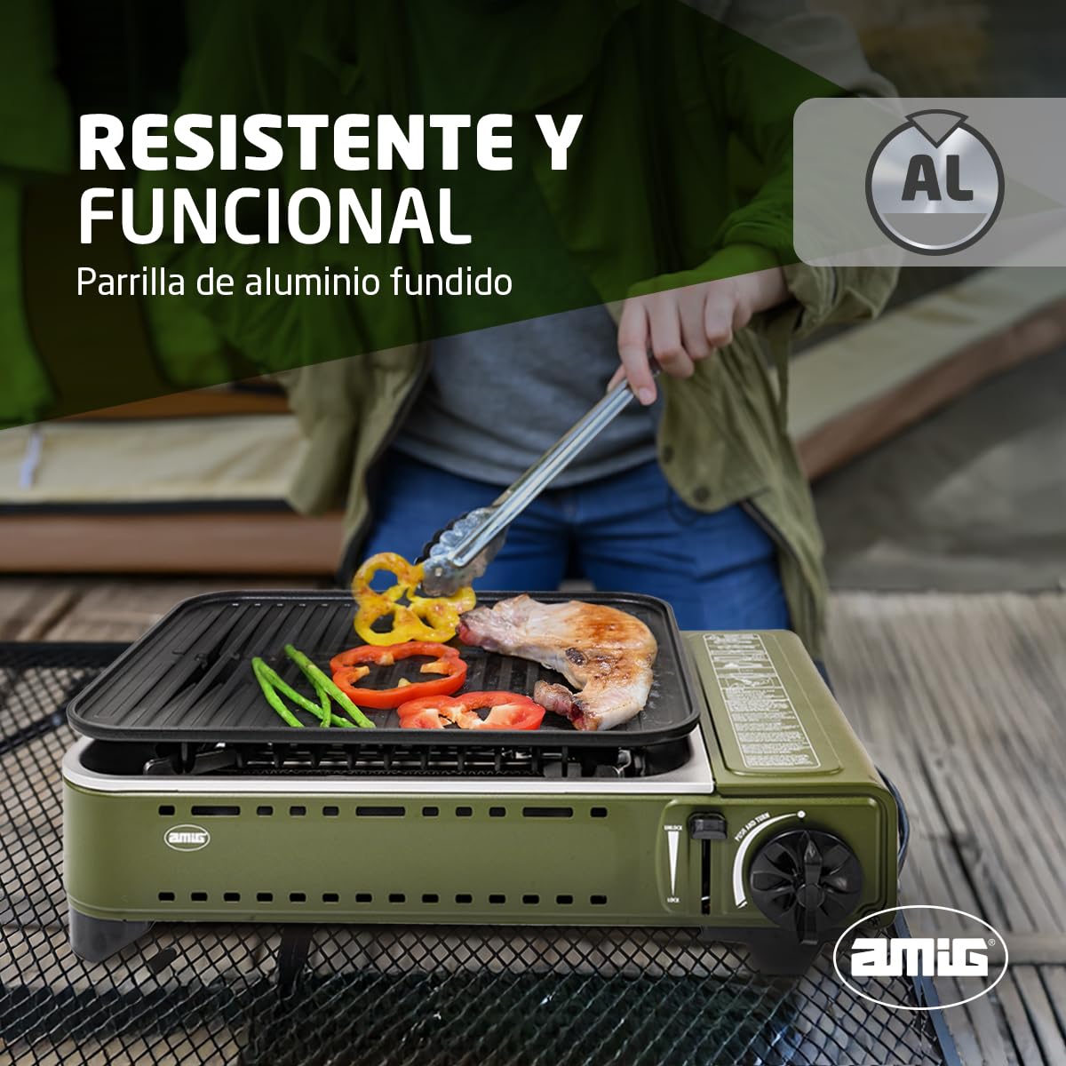 Amig - Camping Gas - Cocina Portátil - Hornillo Grill - Parrilla De Fundición De Aluminio - Con Bandeja Recoge Grasas De Acero Inoxidable - 1,8 Kw Potencia - Cartuchos B-250