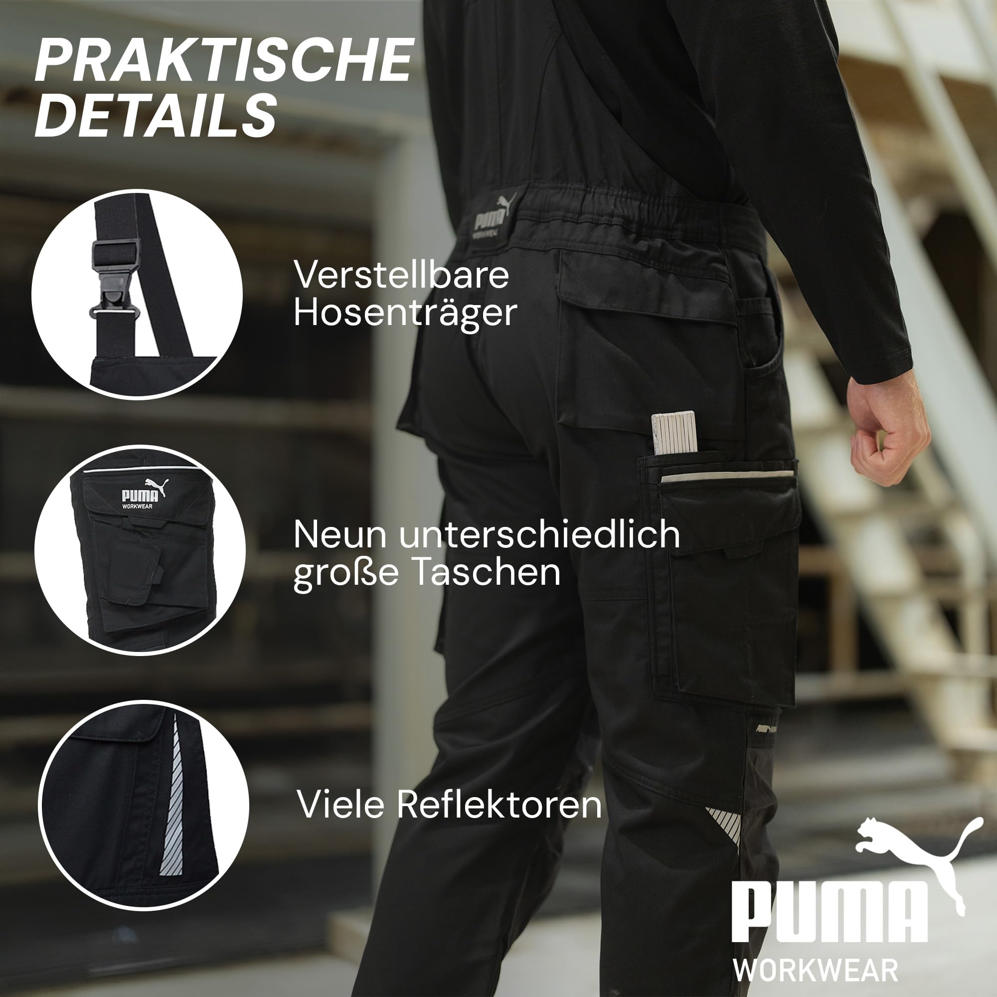 PUMA Workwear Latzhose Herren mit Multifunktionstaschen - Arbeitshose mit verstärktem Nylon Gewebe - Berufsbekleidung für Mechaniker, Handwerker, Elektriker und viele mehr