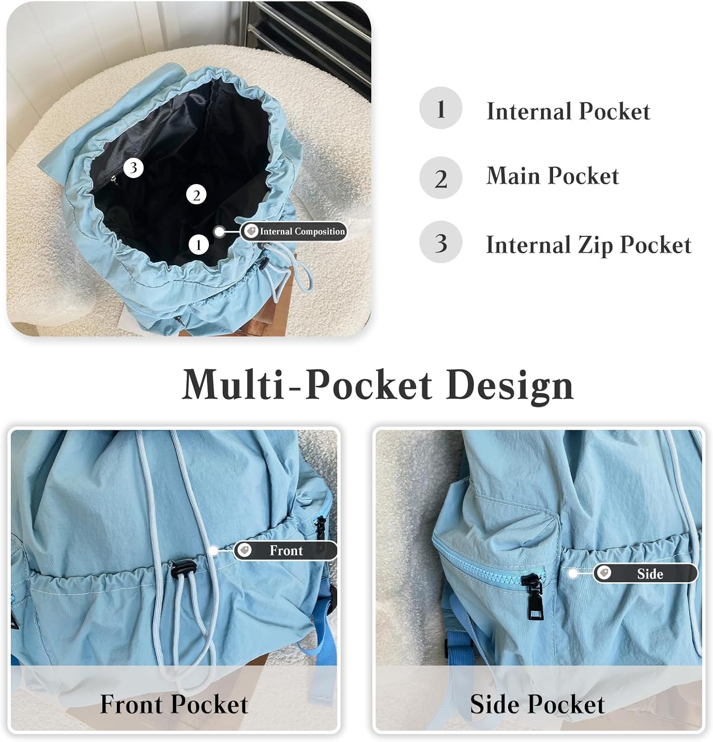 Women Casual Daypacks Canvas Backpack Drawstring Rucksack for Outdoor Travel College University Campus Black - Image 5