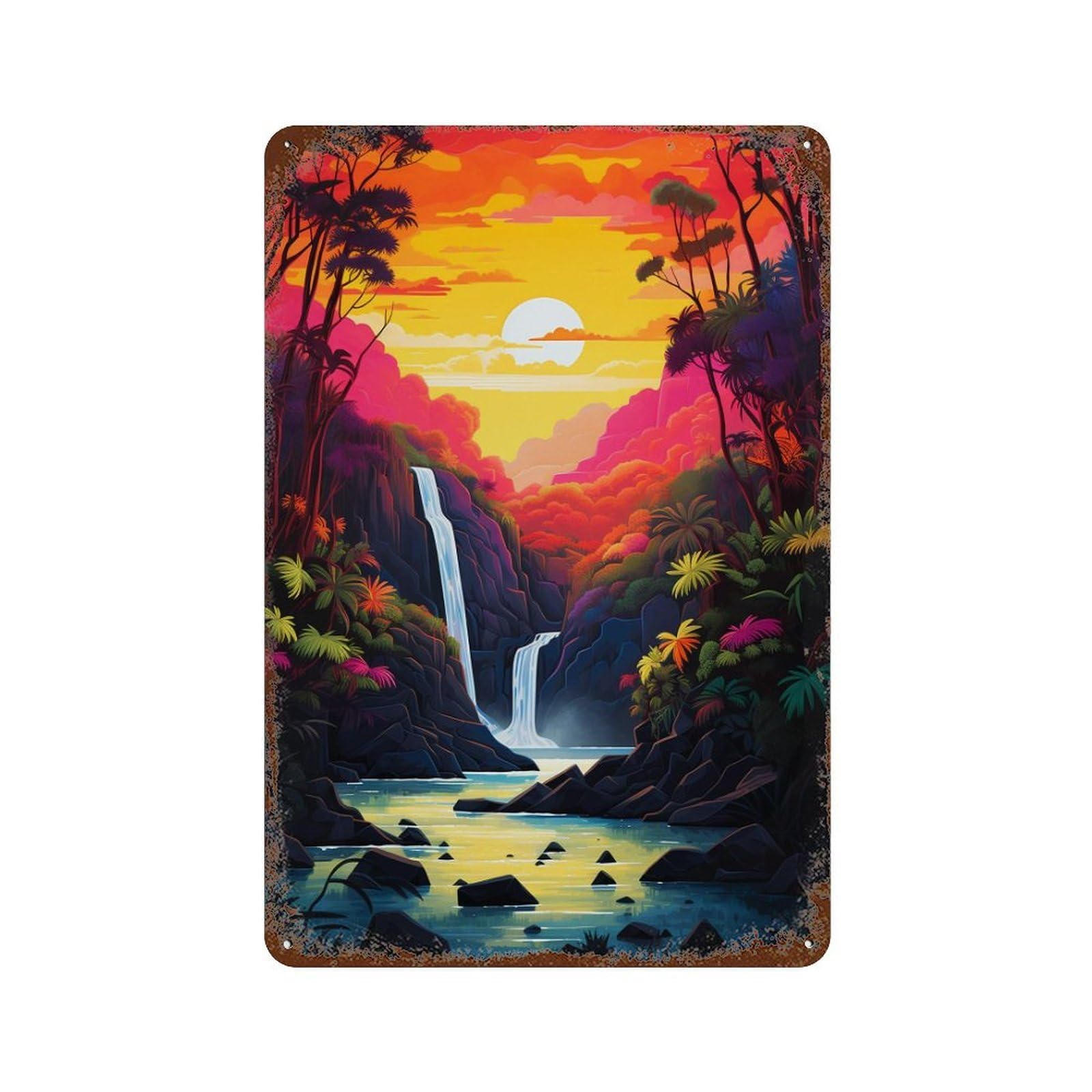 Tropical Sunset Waterfall 11.8"x7.9" Rustic Tin Plaque, Industrial Home Decor for Farmhouse, Kitchen And Entryway Decor