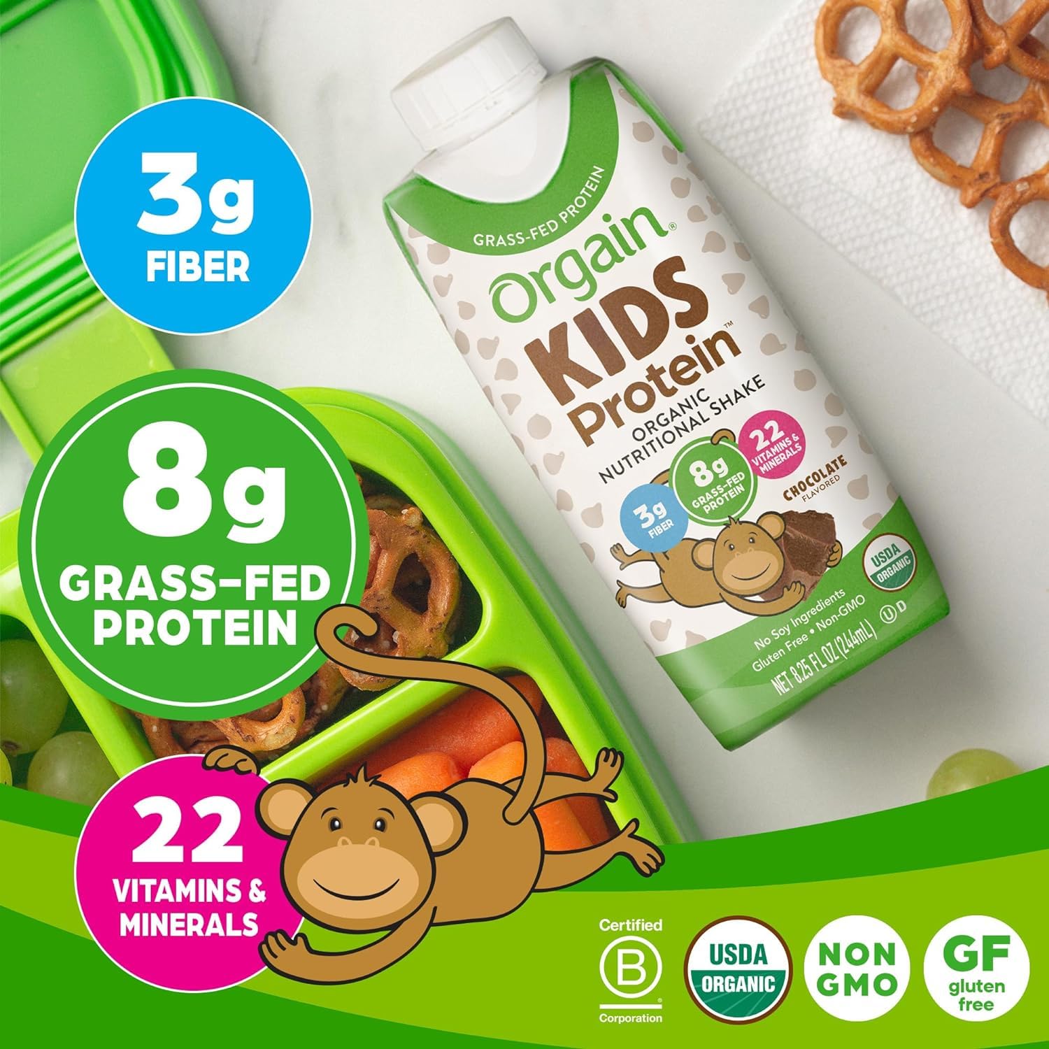 Orgain Organic Kids Protein Nutritional Shake, Strawberry + Chocolate + Vanilla, 8.25 Fl Oz (Pack of 4)