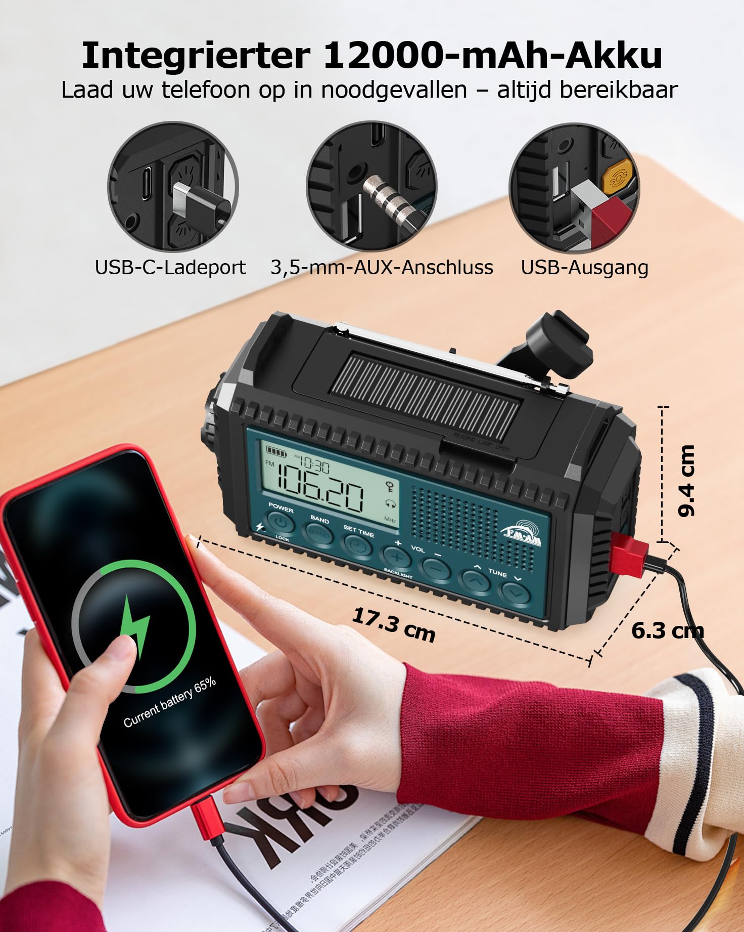 Roxicosly Radio d'urgence à manivelle avec Power Bank 12000 mAh, radio AM/FM/SW, manivelle et radio solaire 5 voies avec récepteur monde, lampe de poche et chargeur, pour extérieur, camping, chantier