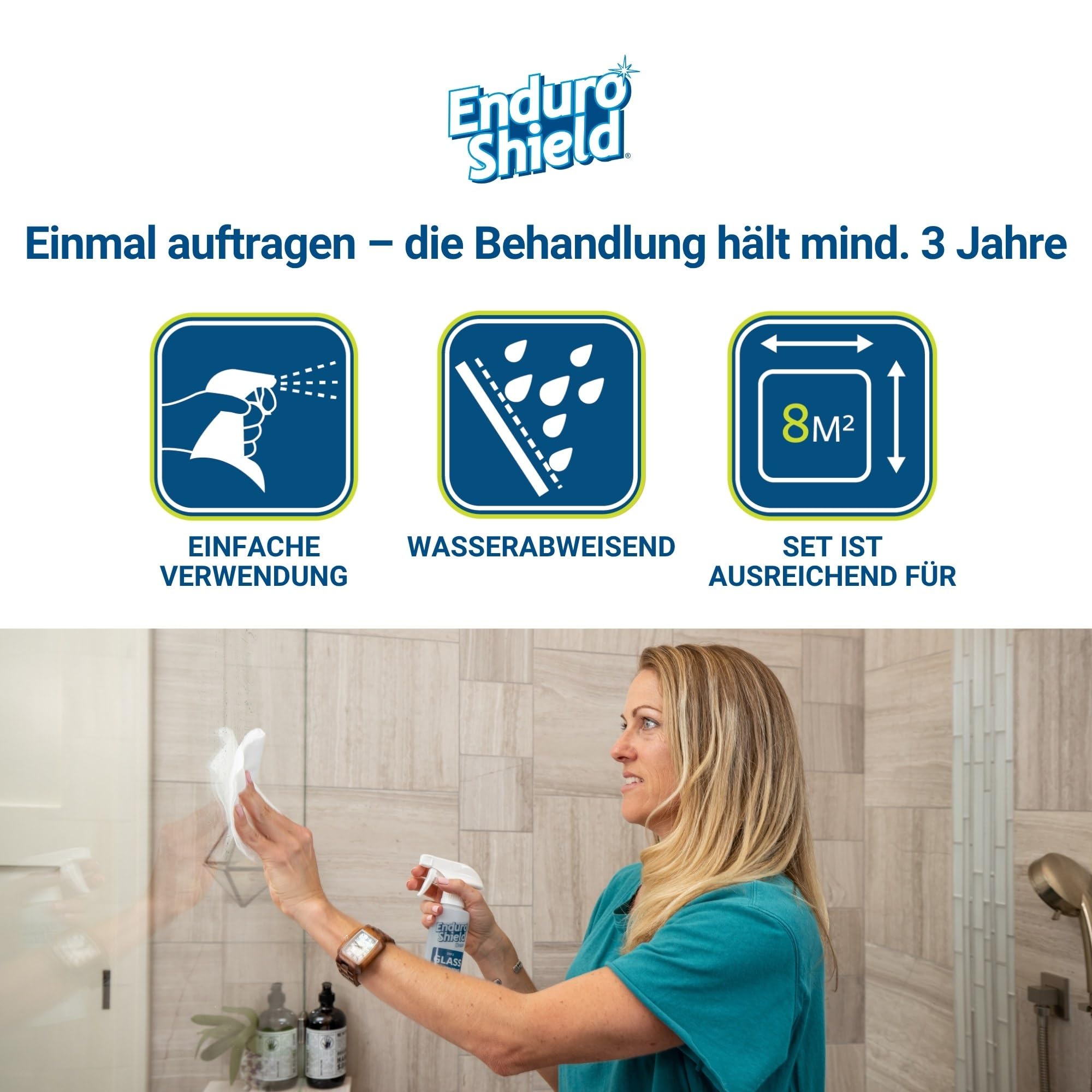 EnduroShield Glasbehandlungs-Set für Duschglas & Glasflächen - 250 ml | Weist Kalk & Seifenreste ab | Leichter zu reinigen | Einmal auftragen | Hält jahrelang