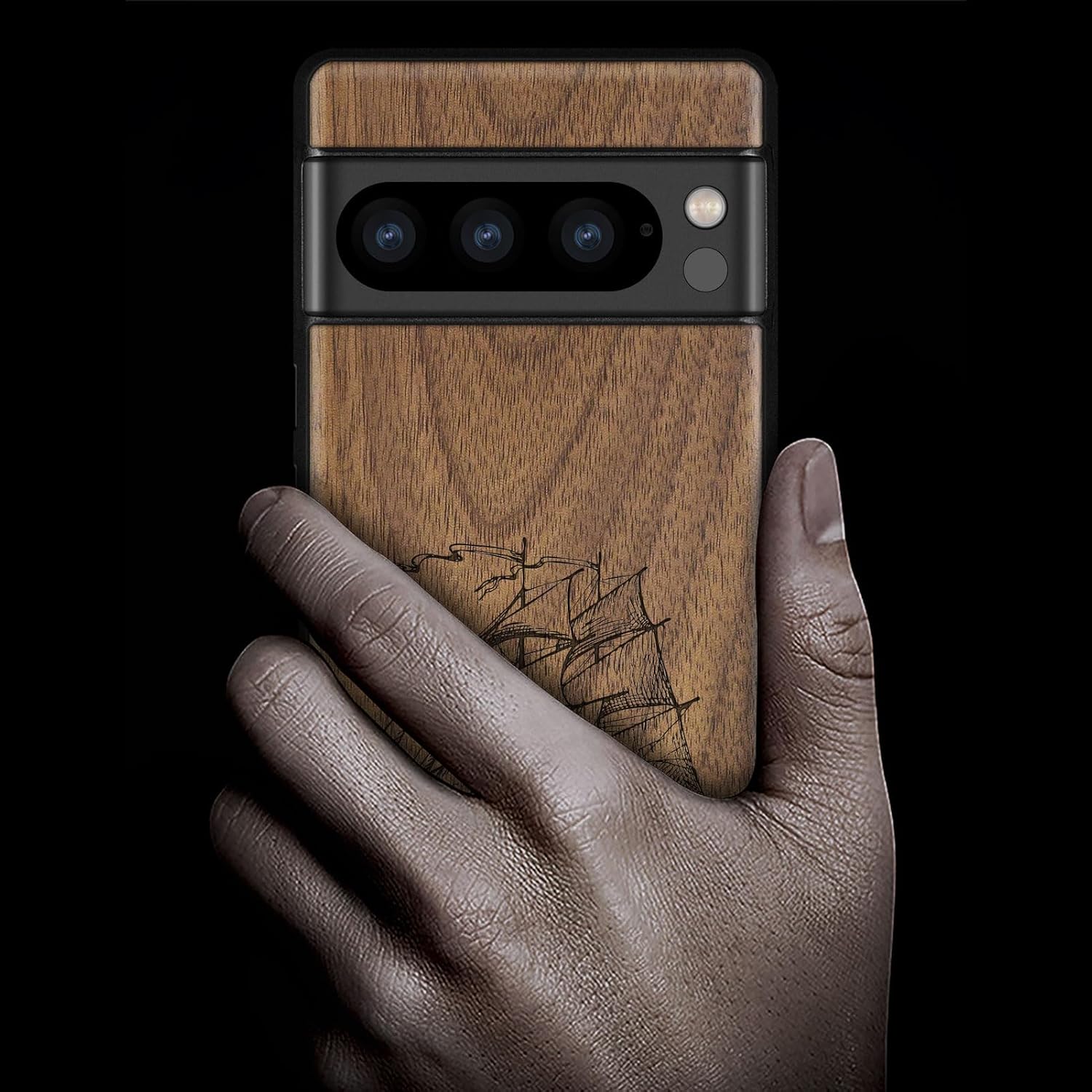 Carveit Wood Case for Pixel 8 Pro Case [Natural Wood & Black Soft TPU] Shockproof Protective Unique Wooden Cover Compatible with Google Pixel 8 Pro (Pirate Ship-Walnut)