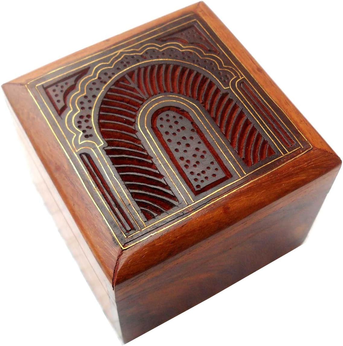 Elegant Design Hand Made Indian Brass Inlay Sheesham Wood Jewelry Box - Size 3"X3"X2.5" Inch_JB11