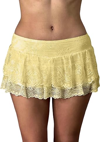 Sastianaen Women Floral Lace Slip Mini Skirts Y2k Low Waist Ruffle Layered Pleated Skirts Tiered Short Skirt Fairy Underskirt