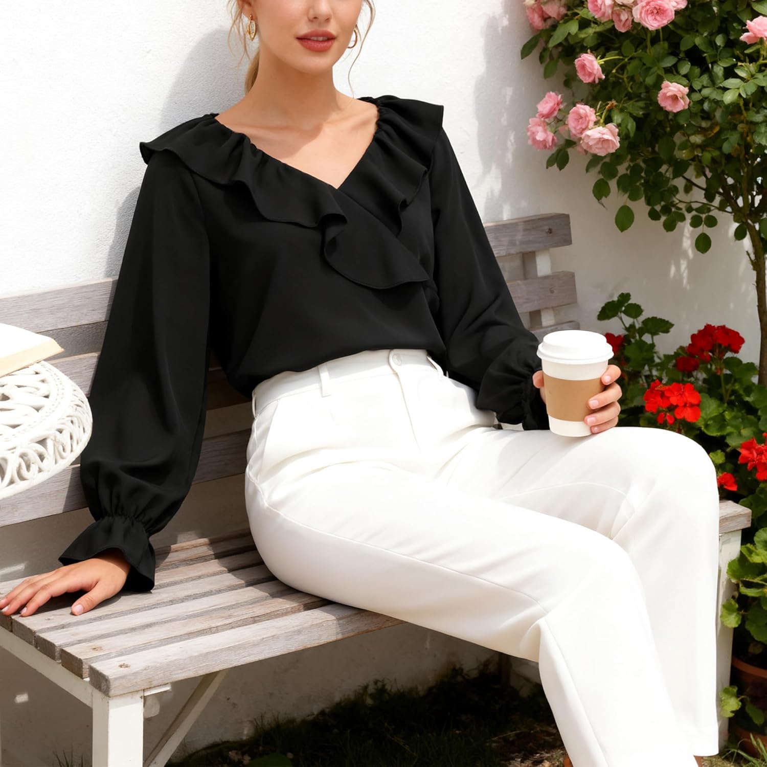 Womens Long Sleeve Ruffle Shirt Ruffles Trim V Neck Elastic Cuff Sleeve Blouse Dressy Casual Office Top Fall Spring - Image 3