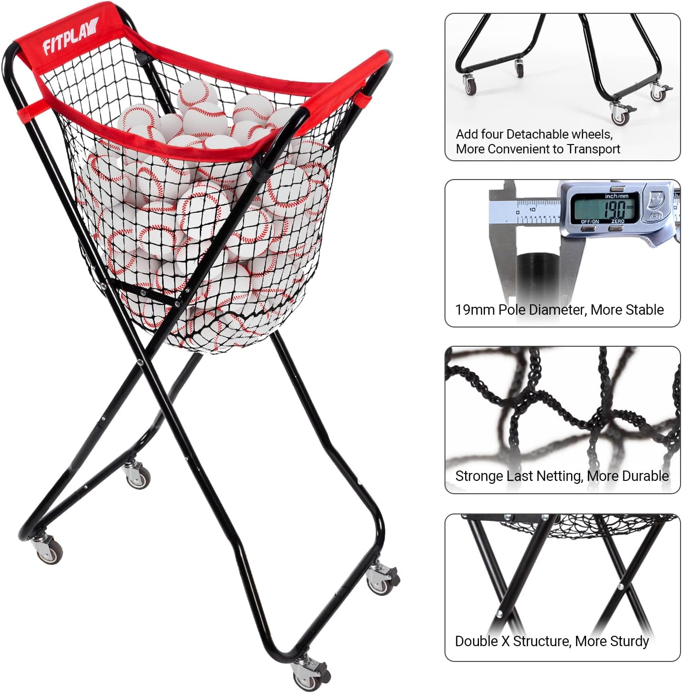 Baseball Caddy with Wheels, Holds 100+ Baseballs or 50+ Softballs, Extra Large Ball Caddy for Baseball and Softball Drills, Easy Set Up and Carrying, Ball Caddy for Outdoor/Indoor