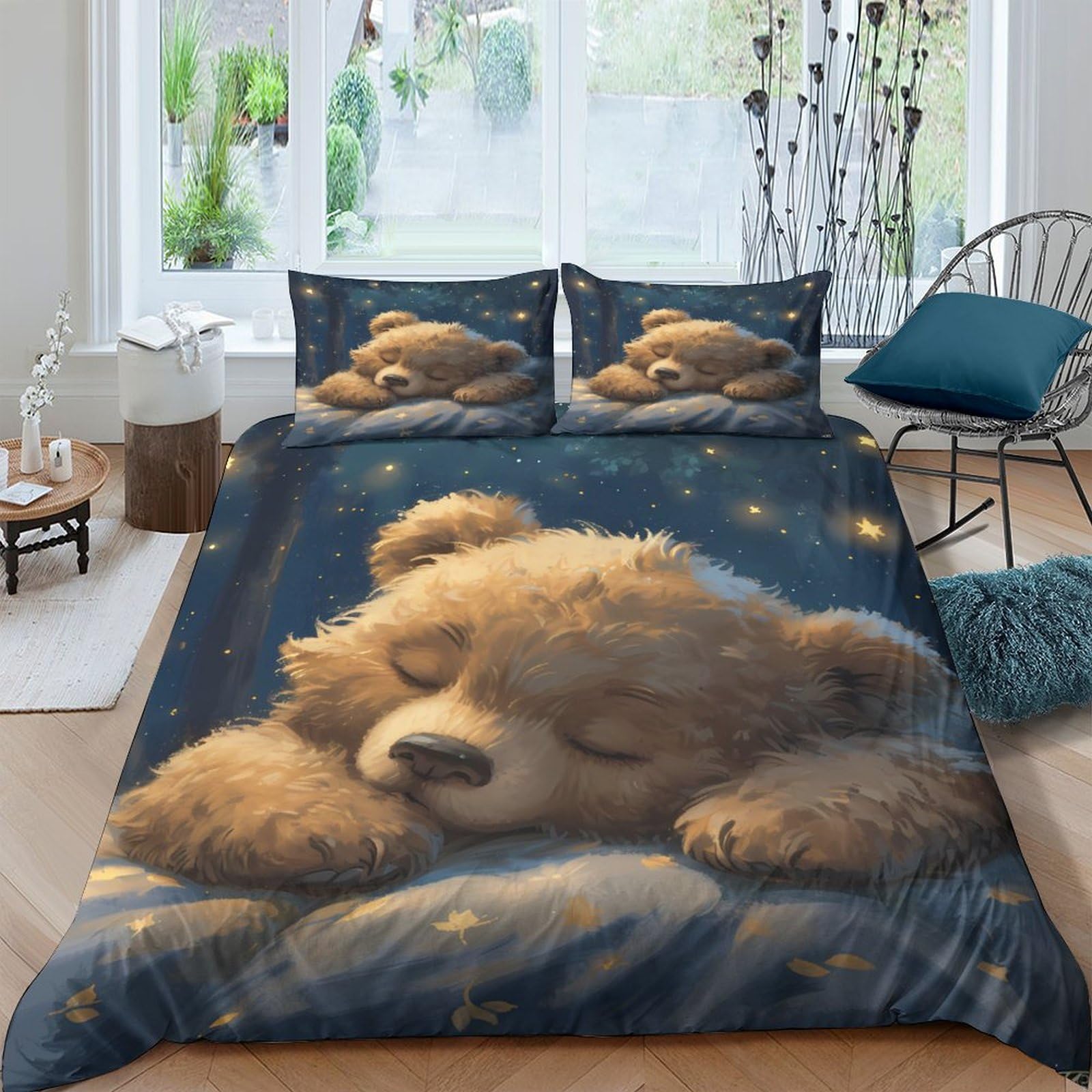 Ctjqhvkz Style-7 3D Printed Sleeping Bear Fitted Sheet Microfiber Soft Breathable Starry Night Mattress Cover Bedroom Decor Single（135X200cm）