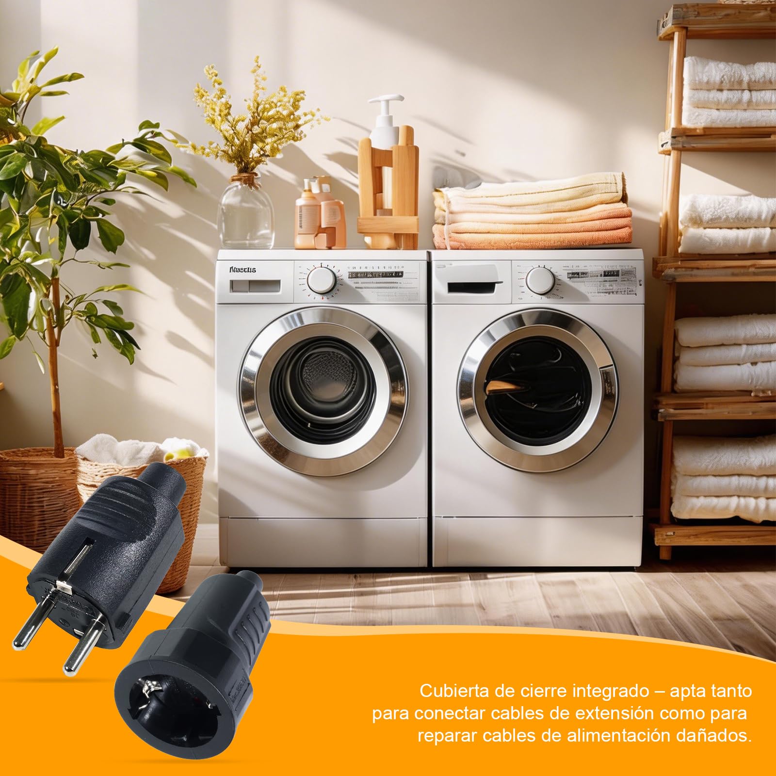 Kit de 3 Enchufes Schuko 250V IP44 – Clavija Enchufe Macho y Hembra con Alivio de Tensión para Interior y Exterior, 16A | 2 polos | Carcasa de Goma (Negro)