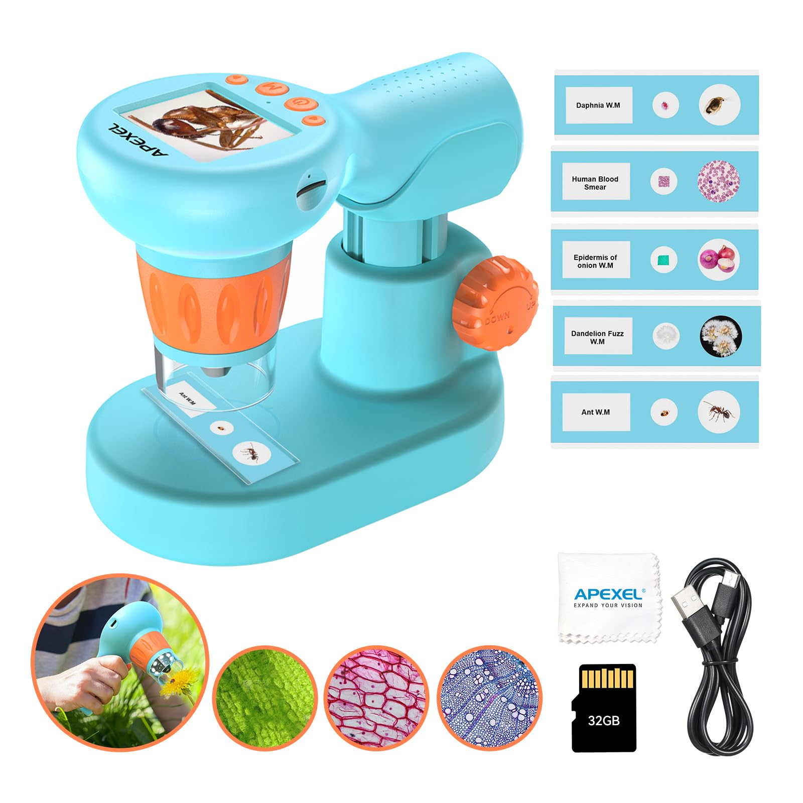 APEXEL 800X Handheld Microscope for Kids, 2" IPS Eye Protection LCD Screen HD Digital Microscope, Adult Detachable Portable Microscope with 32GB SD Card and Sample Specimen