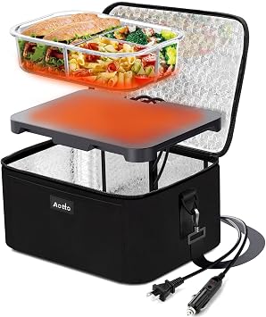 Aotto Electric Lunch Box Food Heater - 12V/24V/110V 3-in-1 Portable Oven & Food Warmer, Heated Lunch Box for Adults, Cook, Reheat, Keep Meals Warm for Car, Truck, Office, Travel, Home - Black