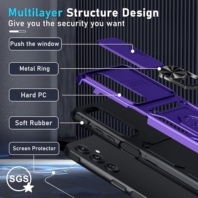 Janmitta Compatible with Samsung Galaxy A16 5G/4G Case Built in Slide Camera Lens Cover+Screen Protector+Finger Ring Holder Kickstand,Heavy Duty Shockproof Full Body Phone Cover,2025 Purple