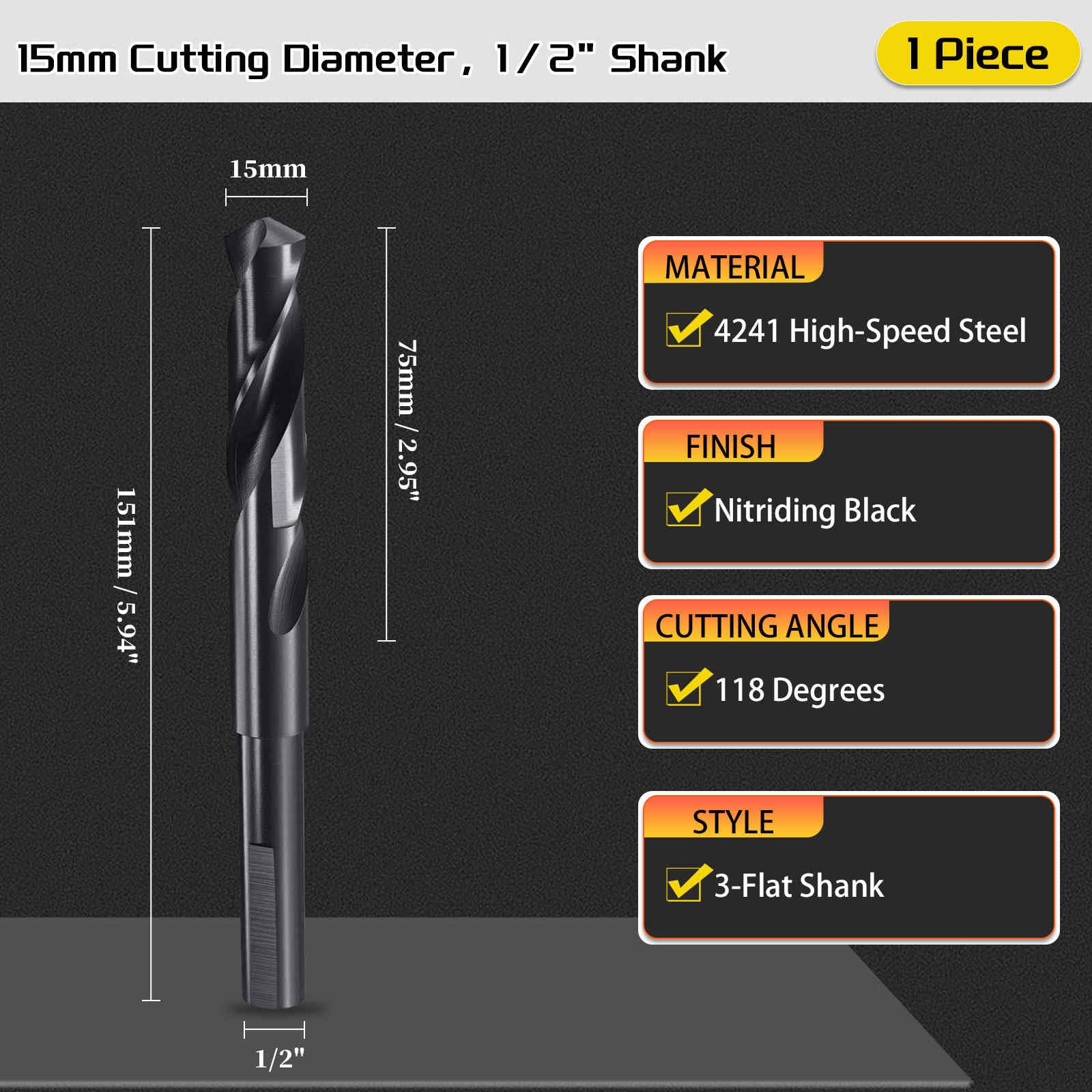 CoCud Drill Bit, 15mm Cutting Diameter, 1/2" Reduced Shank 3-Flat 4341 HSS Nitriding Black 118° Cutting Angle Bits - Image 2