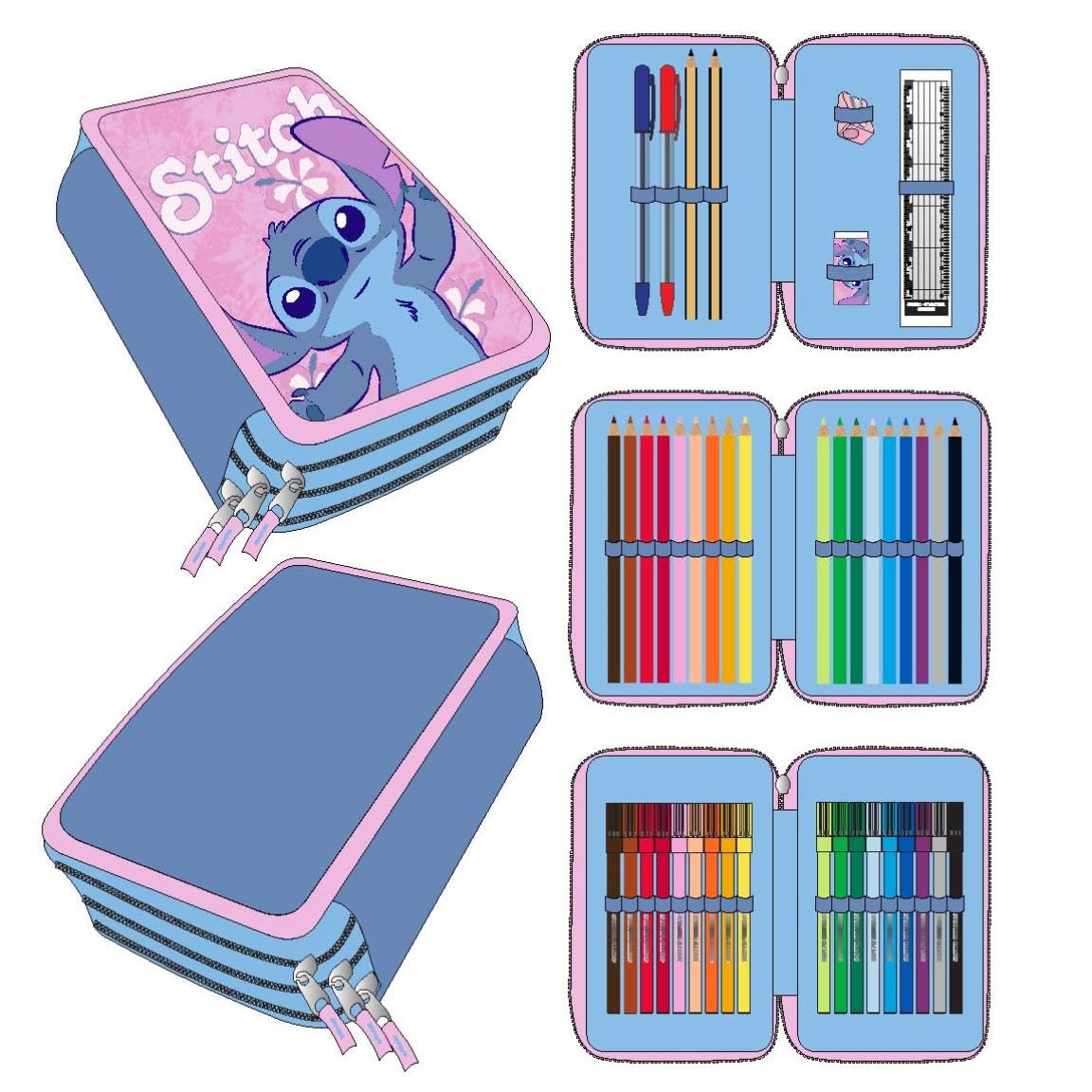 Stitch Children's School Pencil Case - Pink - Zip Closure - 12.5 x 6.5 x 19.5 cm - Triple Compartment - Includes Accessories - Original Product Designed in Spain, pink, Pencil Case