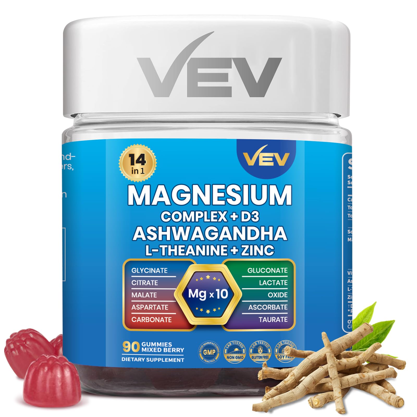 VEV Cortisol Supplement for Women, Magnesium Glycinate Gummies with Ashwagandha, 10 Types of Magnesium, Vitamin D3, Zinc & L-Theanine, No Sugar (90 Count)