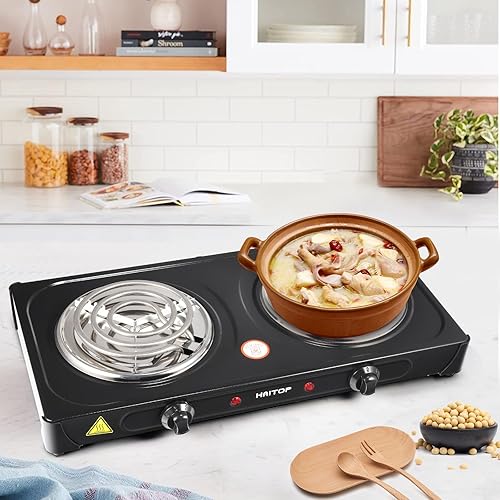 Miniatura 6 de Quemador eléctrico de doble quemador de 2000 vatios, control de temperatura de placa caliente eléctrica, luces indicadoras de potencia, fáciles de